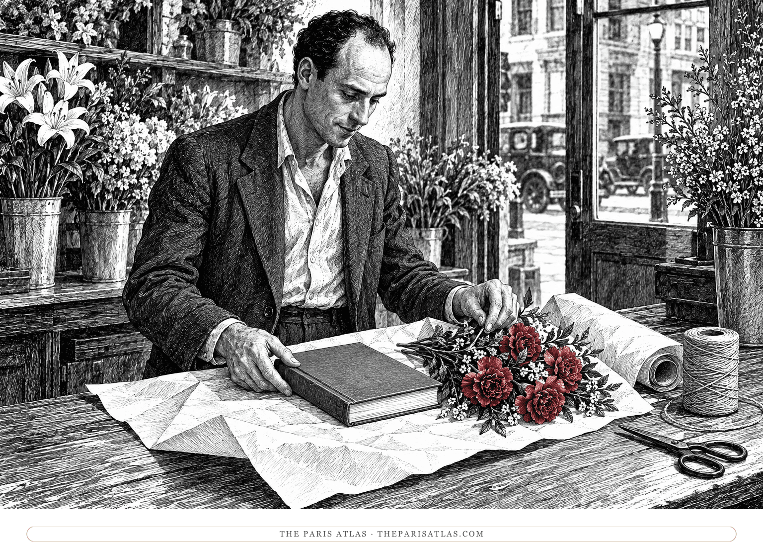 Young Henry Miller prepares a book and flowers for Mara; restrained carmine follows the petals of the small bouquet.