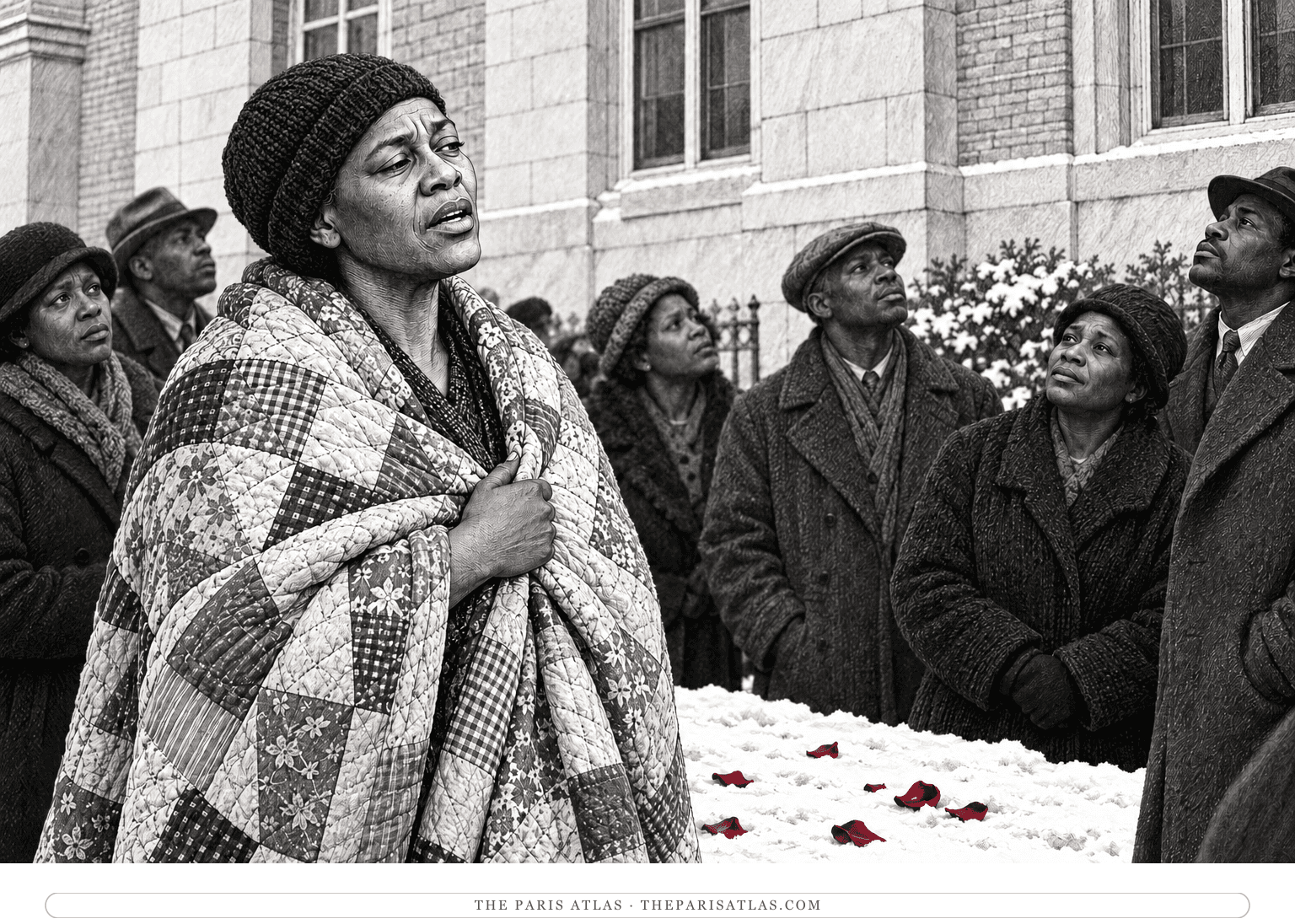 Pilate, wrapped in an old quilt and wearing a knitted cap, sings at the edge of a winter crowd while cloth rose petals lie on the snow.