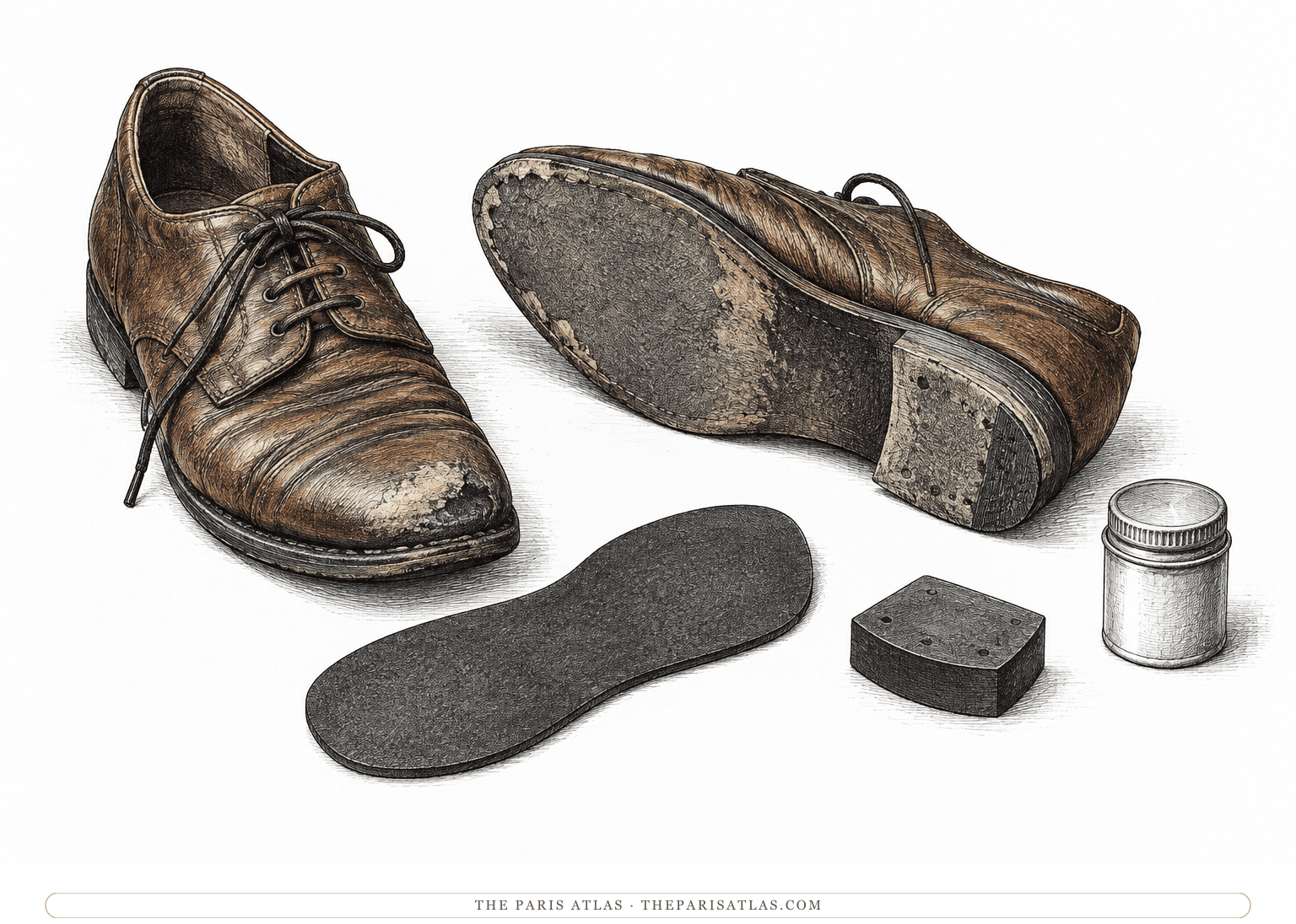 Two worn shoes rest beside replacement sole and heel pieces and a small closed glue container.