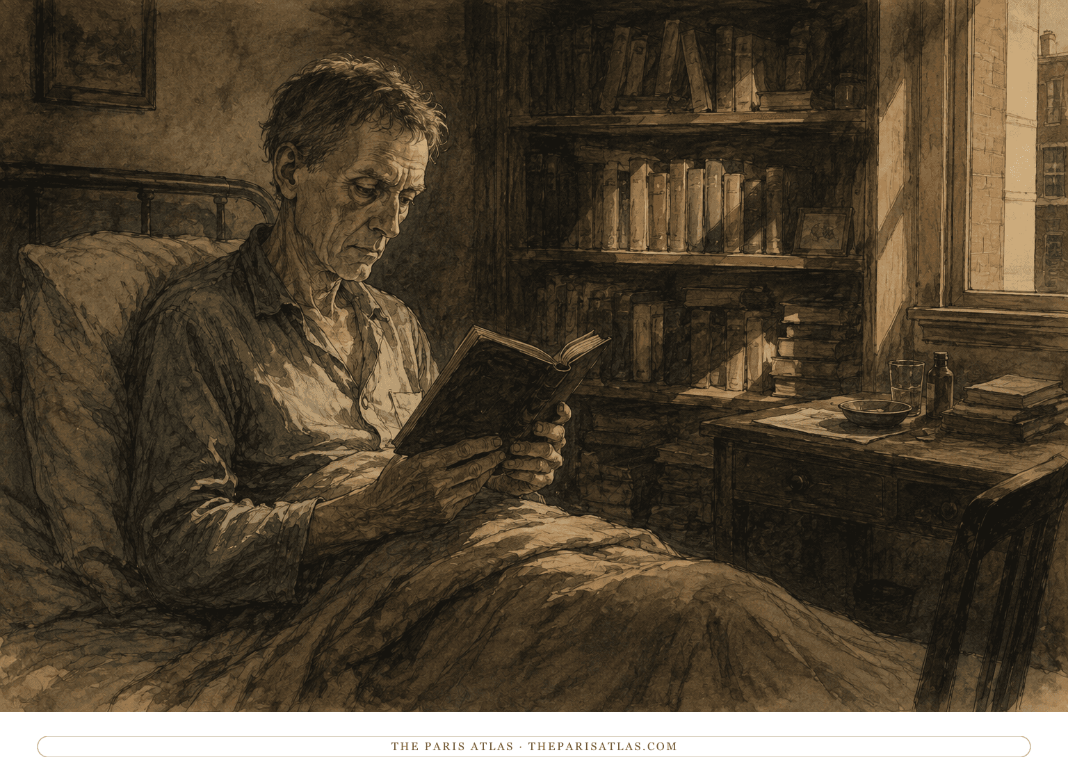 Older William Stoner rests with his scholarly book in hand and shelves behind him