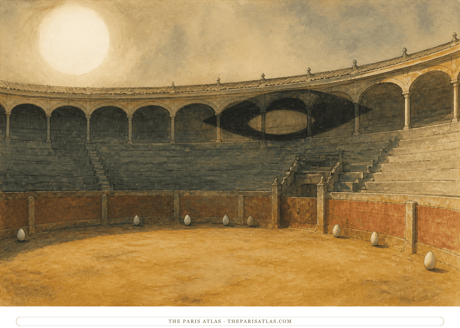 A non-explicit surreal composition of Spanish bullring sand, bright sun, white egg-like forms, and a dark eye motif