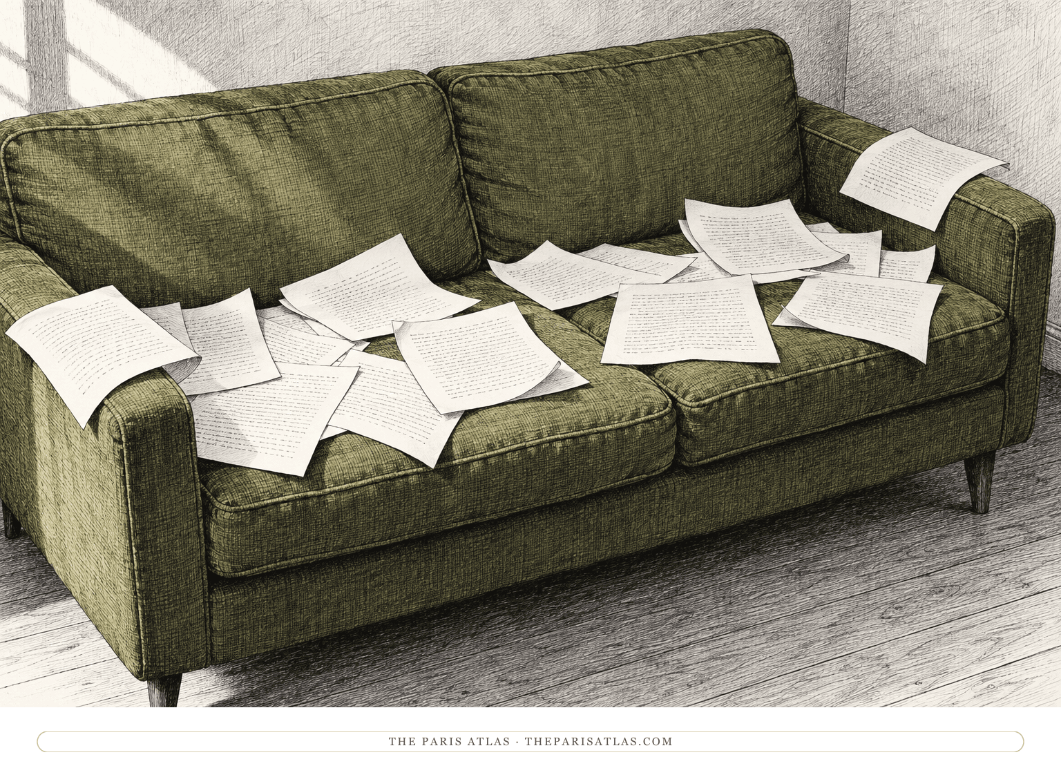 Loose manuscript pages lie across the cushions of a modest green upholstered couch in daylight.