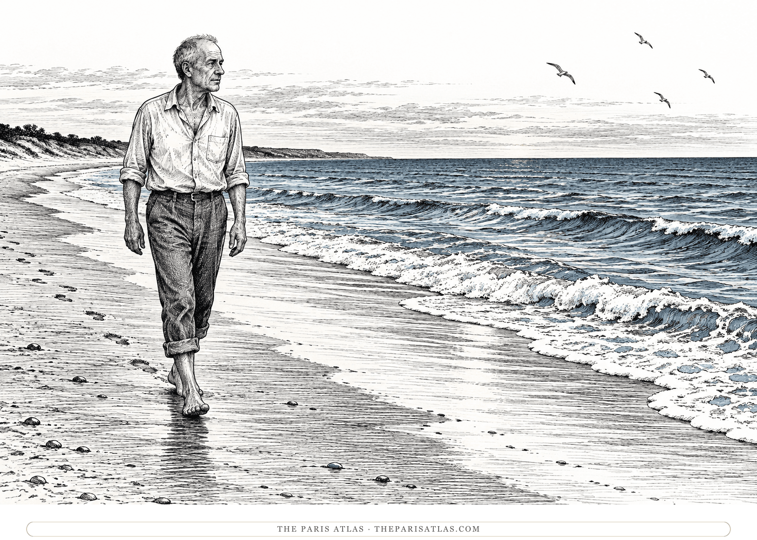 Mr Sneed walks alone beside the sea, with gulls in the distance.