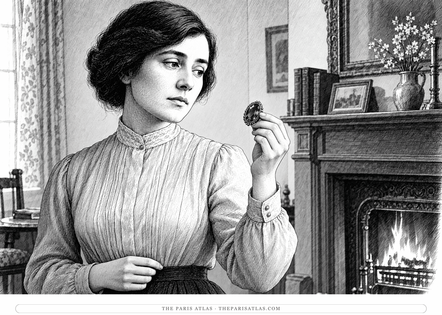 Vera holds an amethyst brooch up before a fireplace.