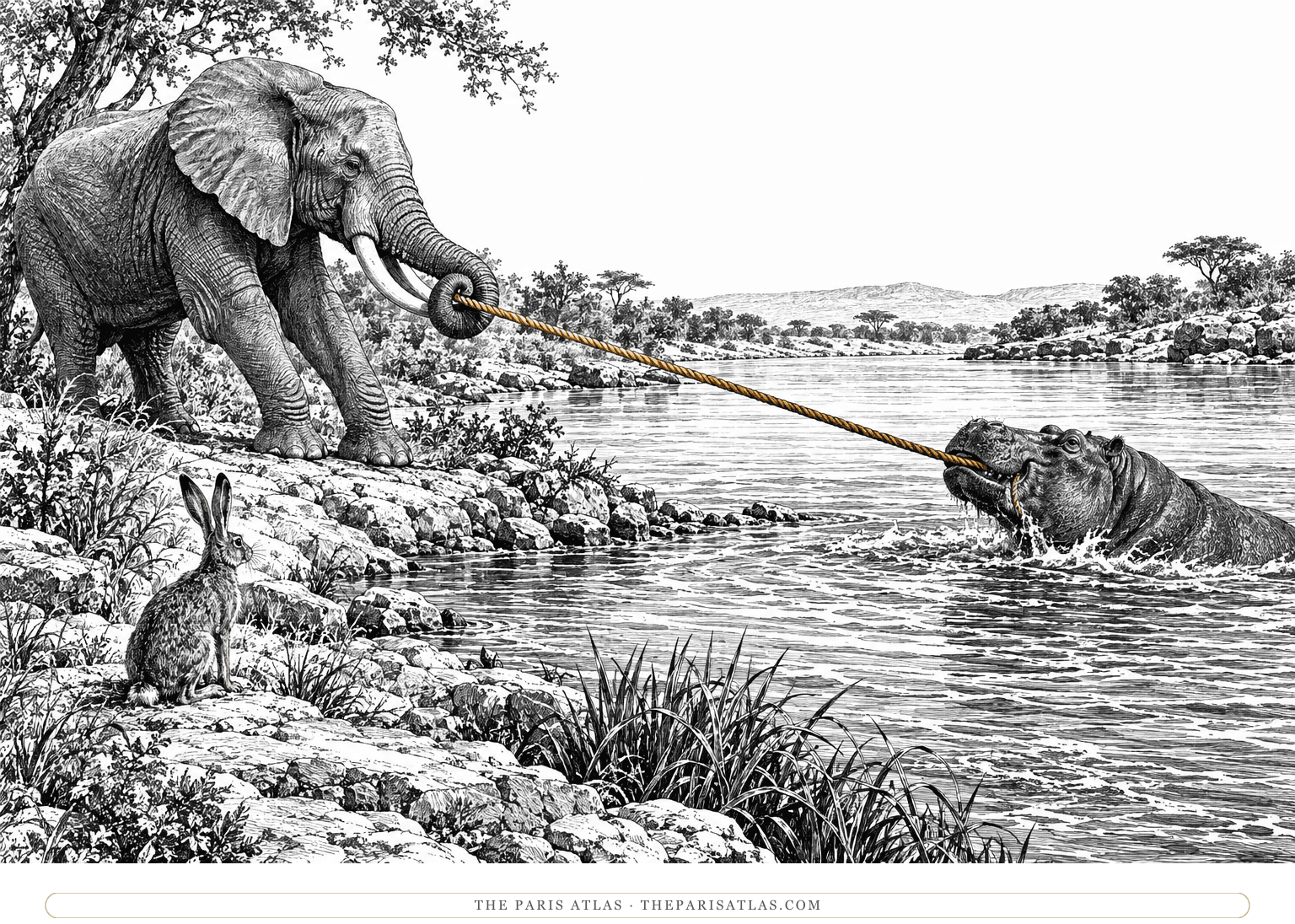 A hare watches an elephant and a hippopotamus pull opposite ends of an ochre-colored rope.