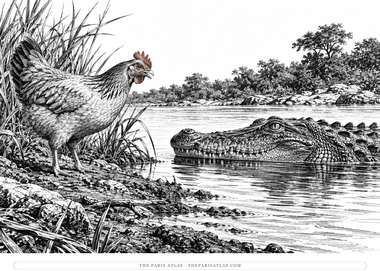 A hen with a red comb faces a crocodile emerging from a river beside the bank.