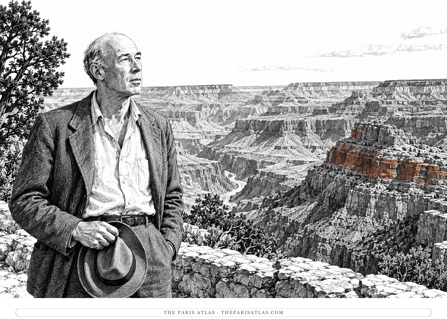 Henry Miller looks out over the Grand Canyon, with rust-colored pigment following a sandstone layer.