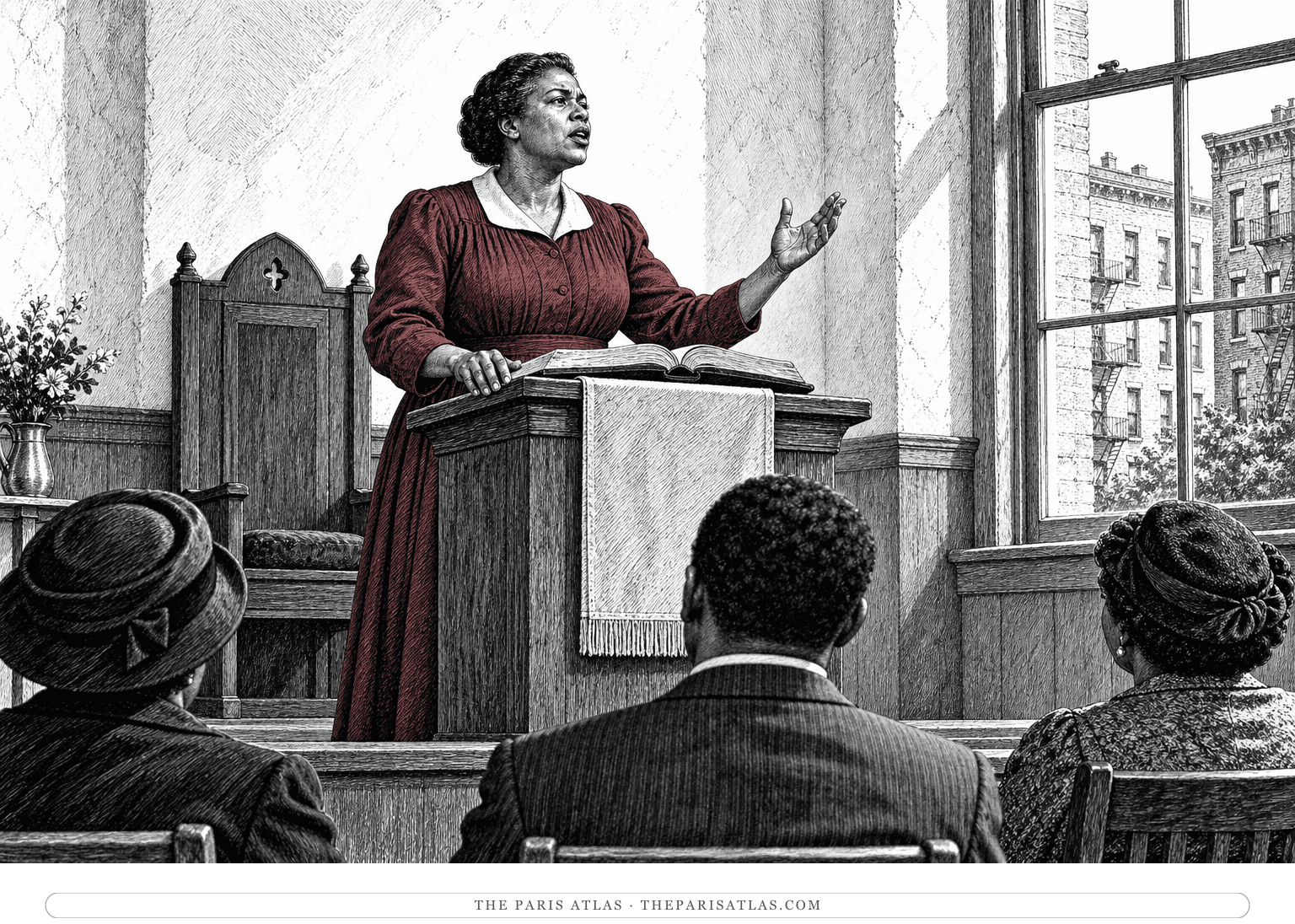 Margaret Alexander speaks above an open Bible in her Harlem church, her burgundy dress the only color in the ink drawing.
