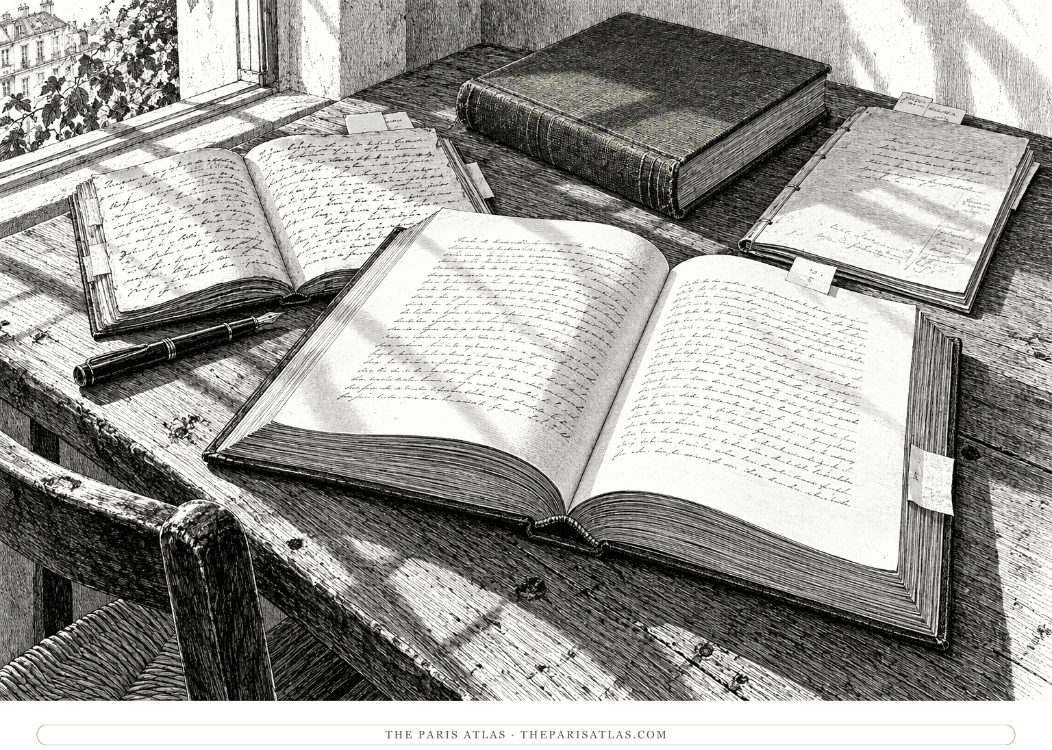An open anthology sits with a diary, a moss-green clothbound novel and an annotated essay in a pen-and-ink still life.