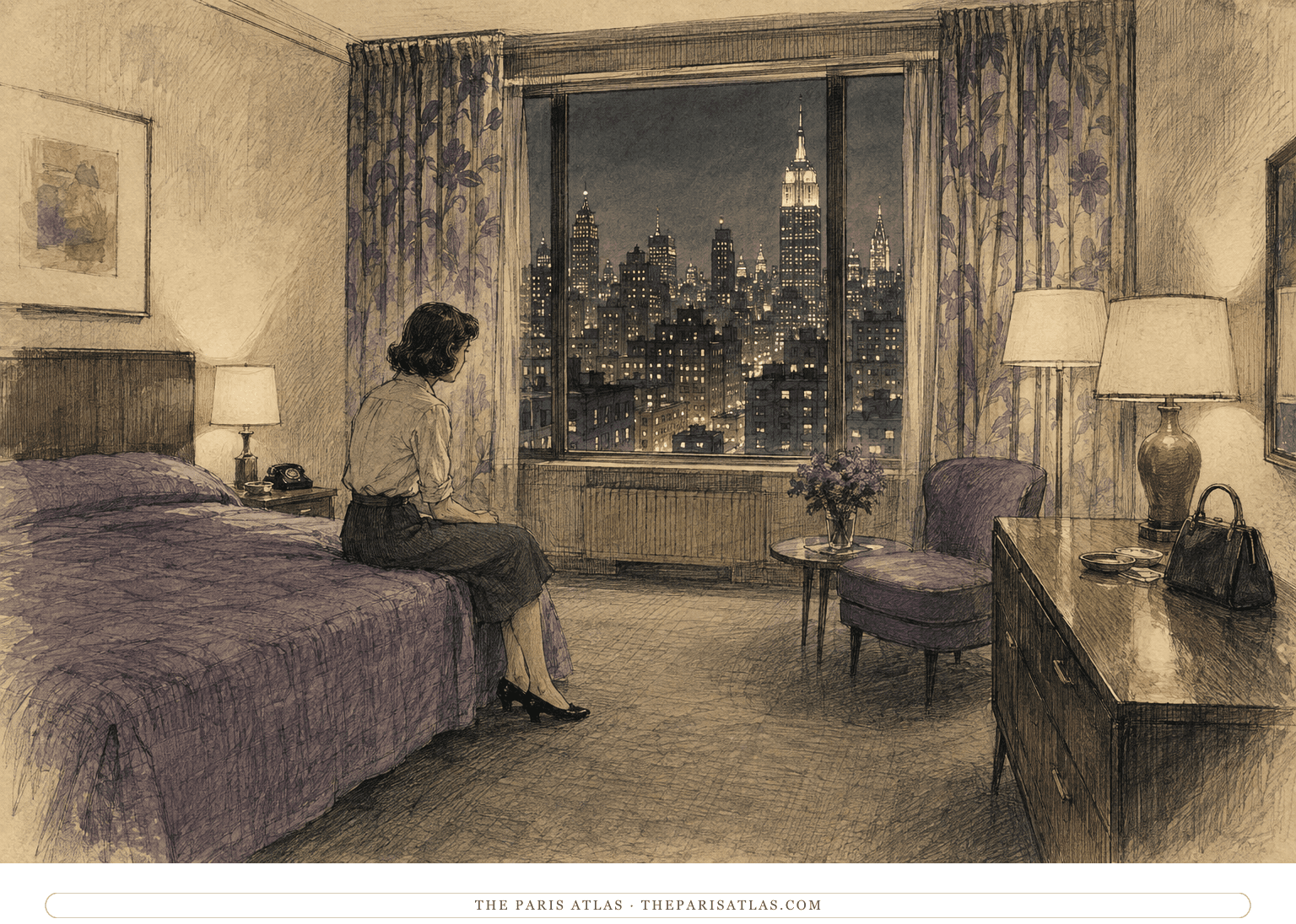 Esther Greenwood sits on the edge of a hotel bed in internship clothes while New York glitters outside