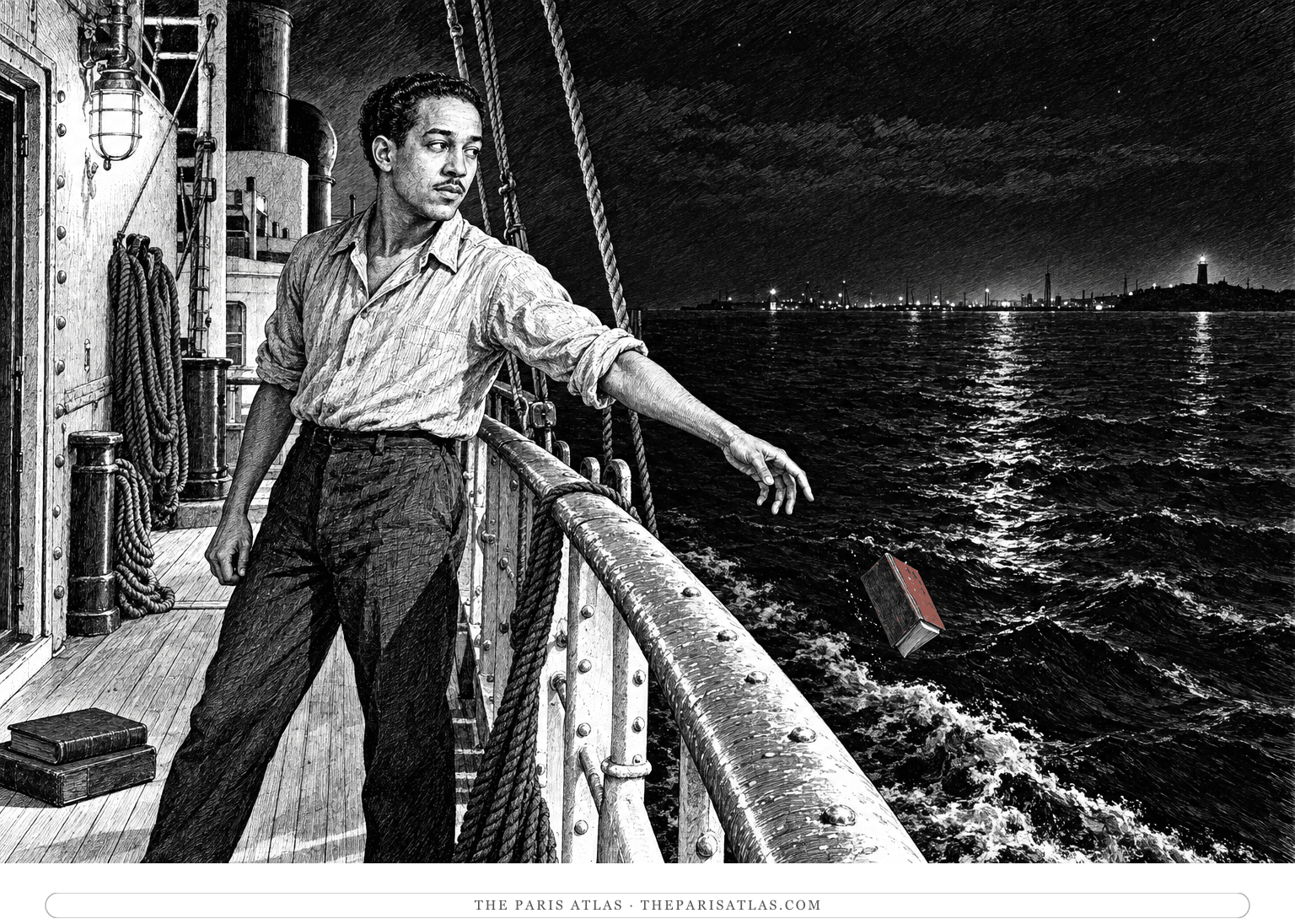 A young Langston Hughes releases a book over a merchant ship’s rail into the dark sea, with several books still at his feet.