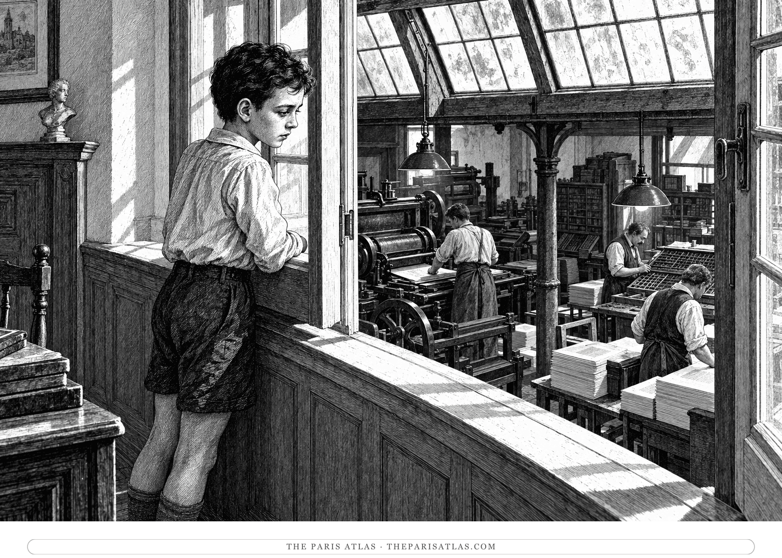 Jean as a child looks from a sunlit gallery window toward his father’s printing workshop, where workers stand beneath green-shaded lamps.