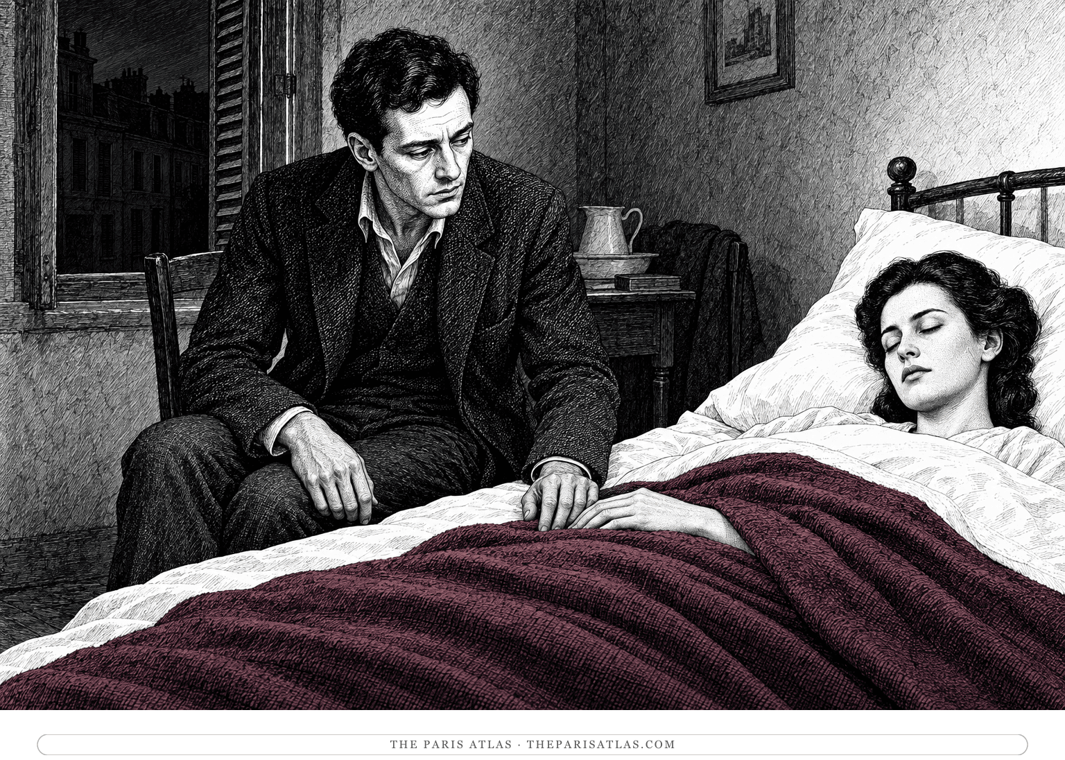 Jean Blomart sits beside Hélène’s bed in a dim room, watching her closed eyes while the city beyond the window is dark.