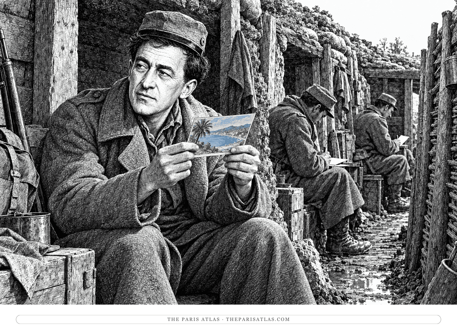 Young Blaise Cendrars holds a blue seaside postcard in a trench while fellow soldiers write letters in nearby recesses.