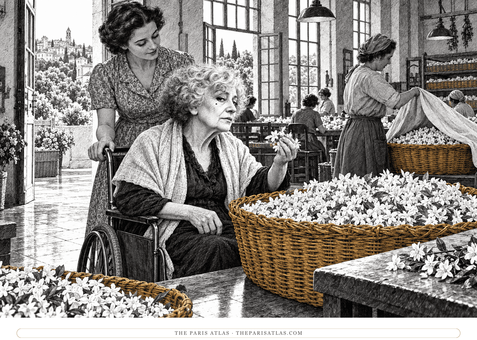 An elderly Colette holds jasmine blossoms beside wicker baskets of flowers in a Grasse perfume workshop, seated in a period wheelchair.