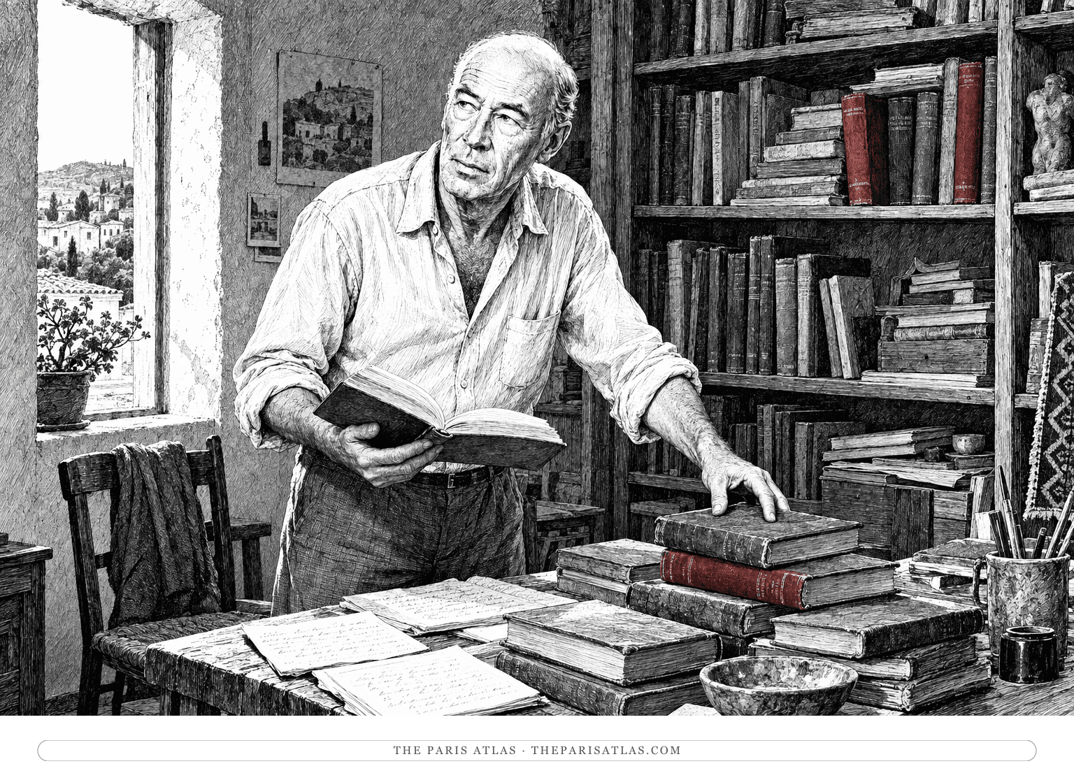 An older Henry Miller sorts well-used books beside a crowded shelf, holding one open volume above a table of notes and uneven stacks.
