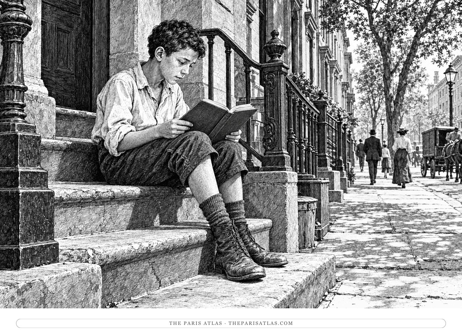 Henry Miller as a boy reads an adventure book on a Brooklyn stoop, absorbed while the street continues around him.