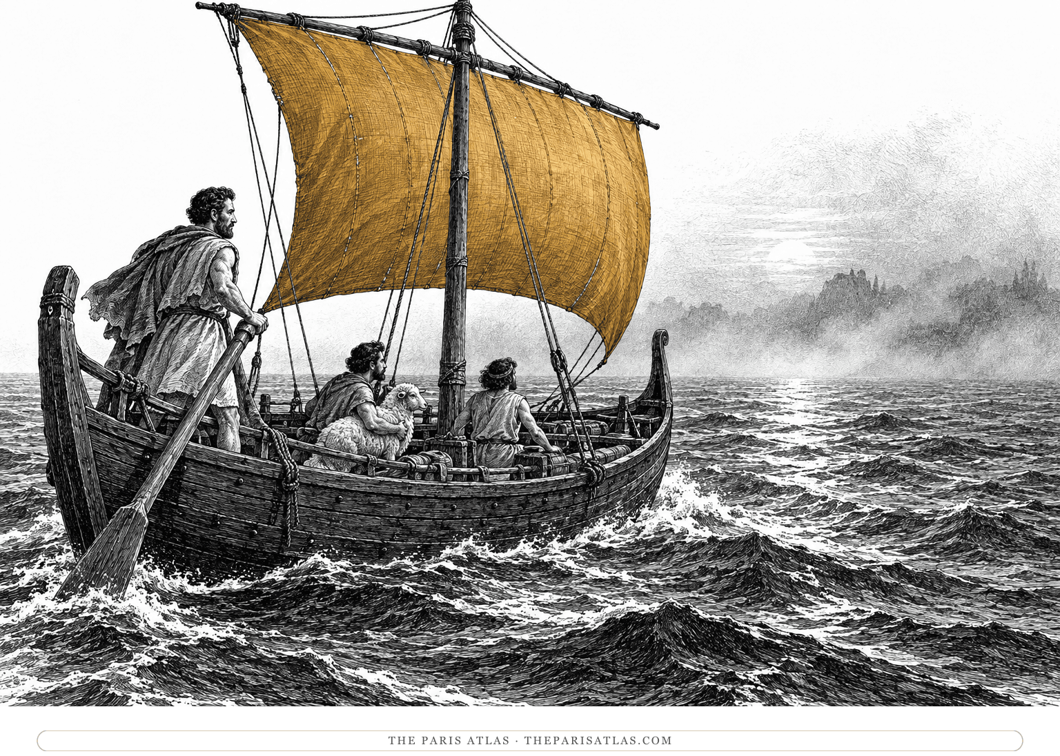 Odysseus and his crew sail a dark wooden ship toward a mist-covered coast under a wind-filled ochre sail.