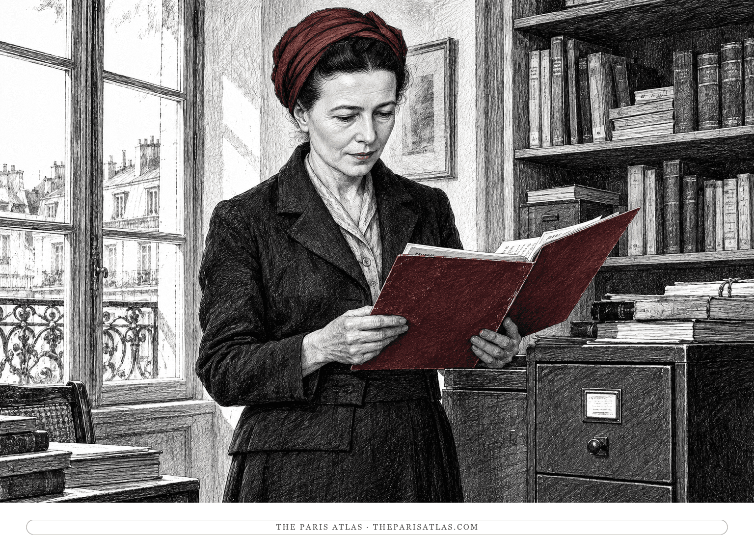 Simone de Beauvoir stands with an open folder beside shelves of reports and books, studying notes for her work on old age.