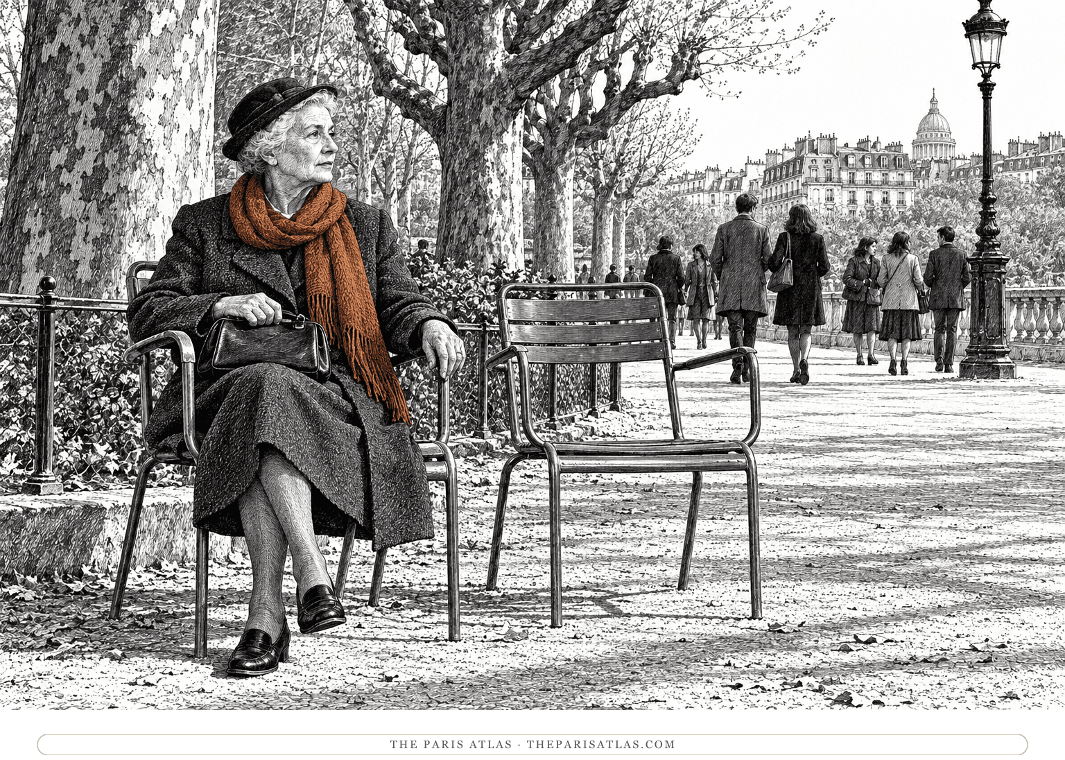 An elderly woman sits on a park chair beside a busy path, alert to a city that moves past her.