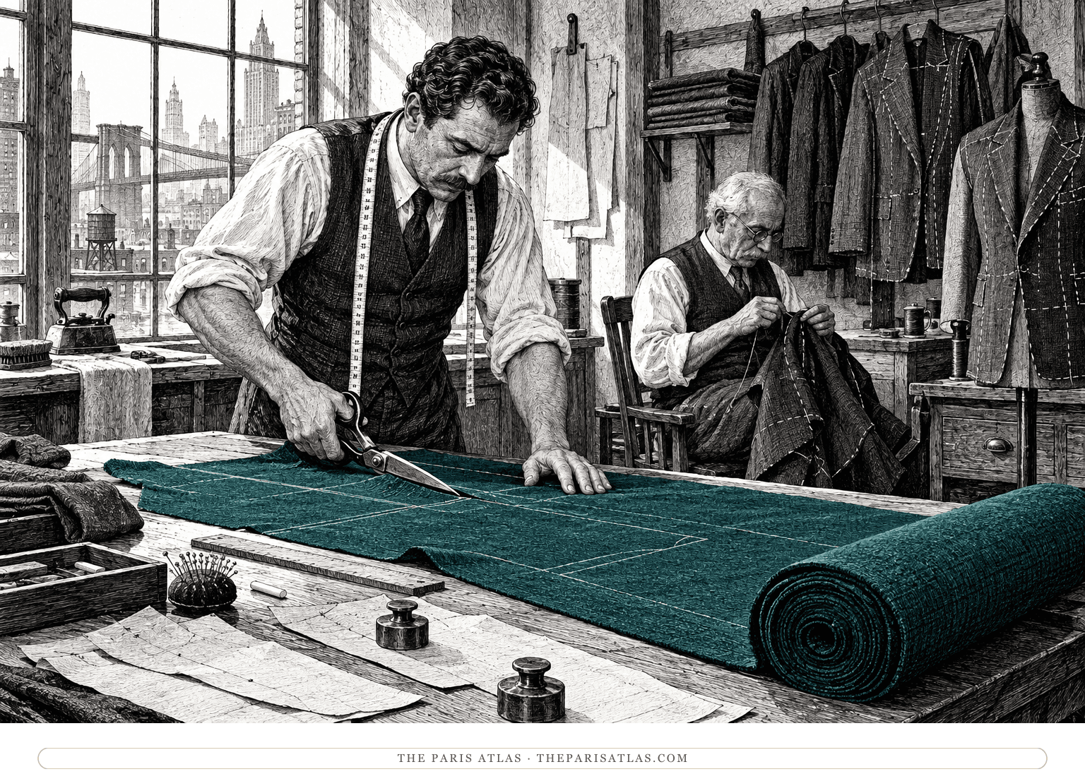 Two tailors work at a long cutting table among paper patterns, shears and a roll of teal cloth.