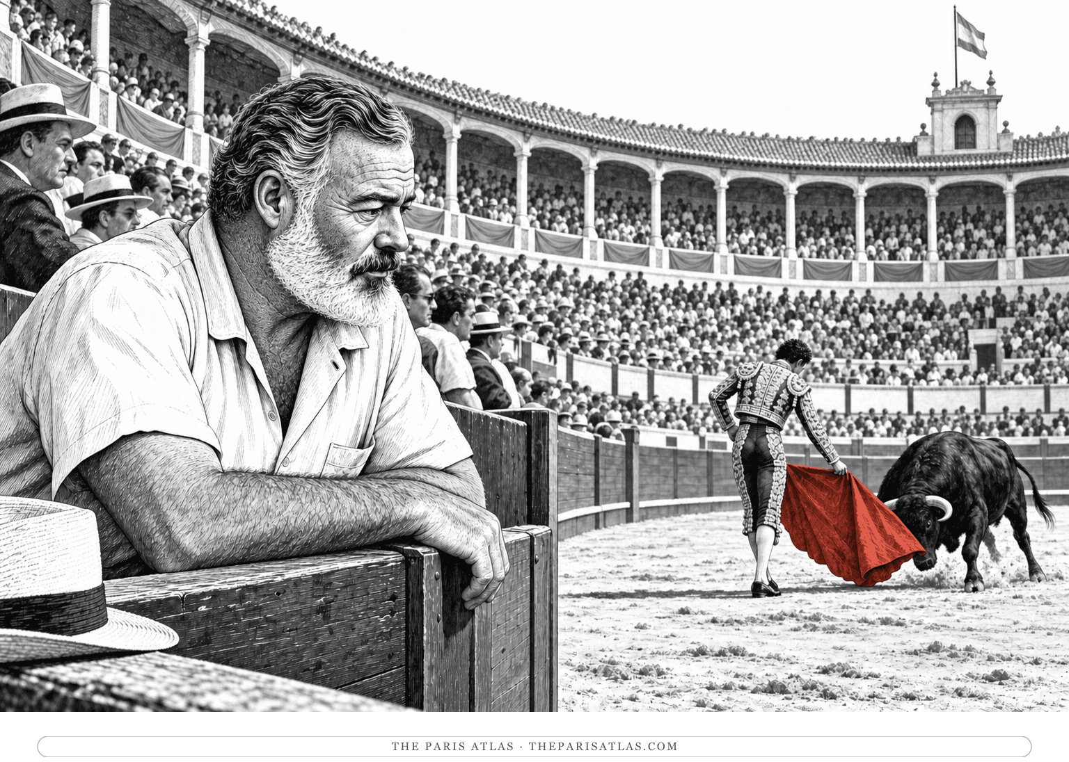 An older Hemingway watches from the bullring barrier as a distant matador guides a bull past a red cape.