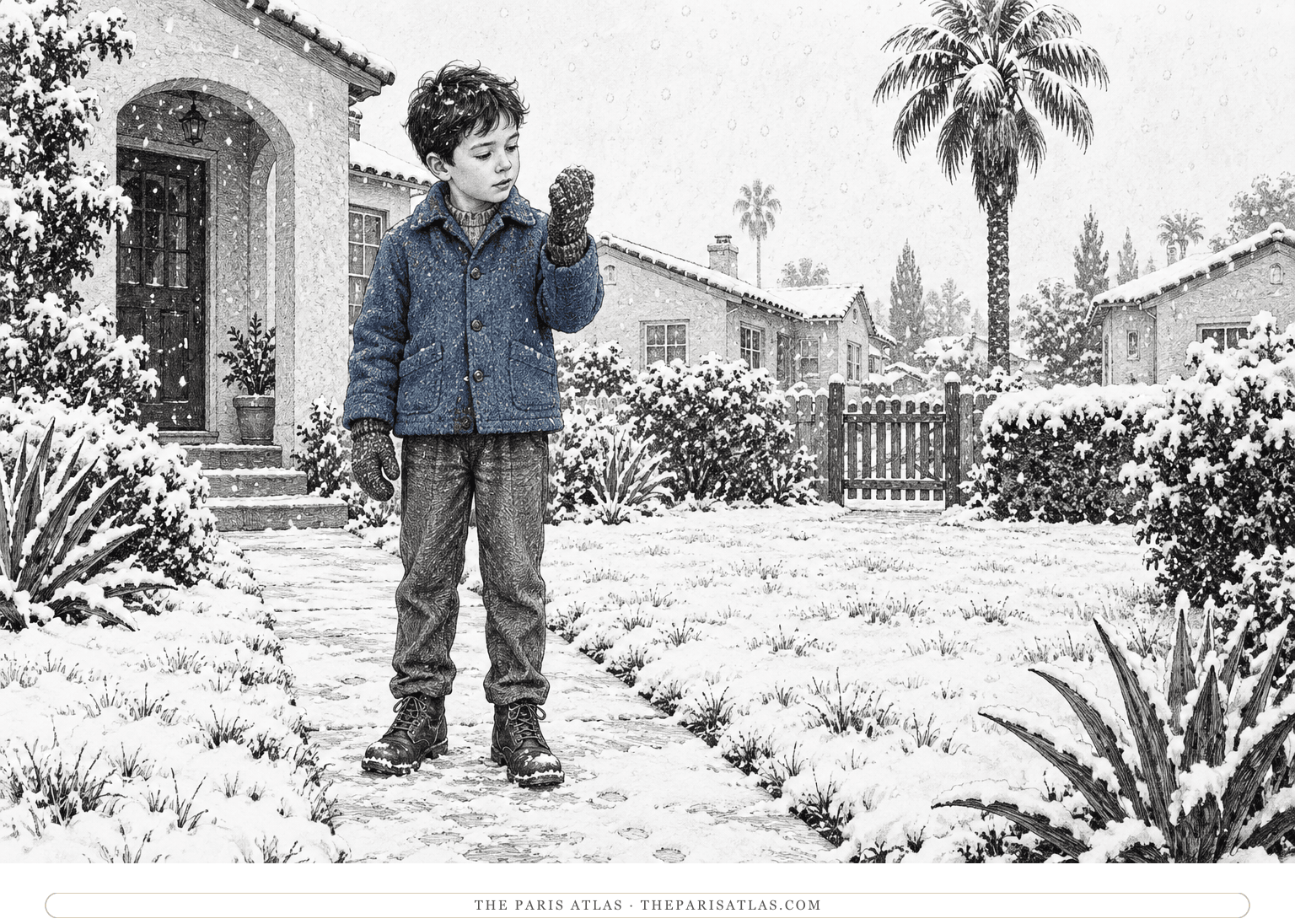 A fully dressed young Clarence studies a snowflake on his mitten in a Los Angeles front yard beneath snow-dusted palms.