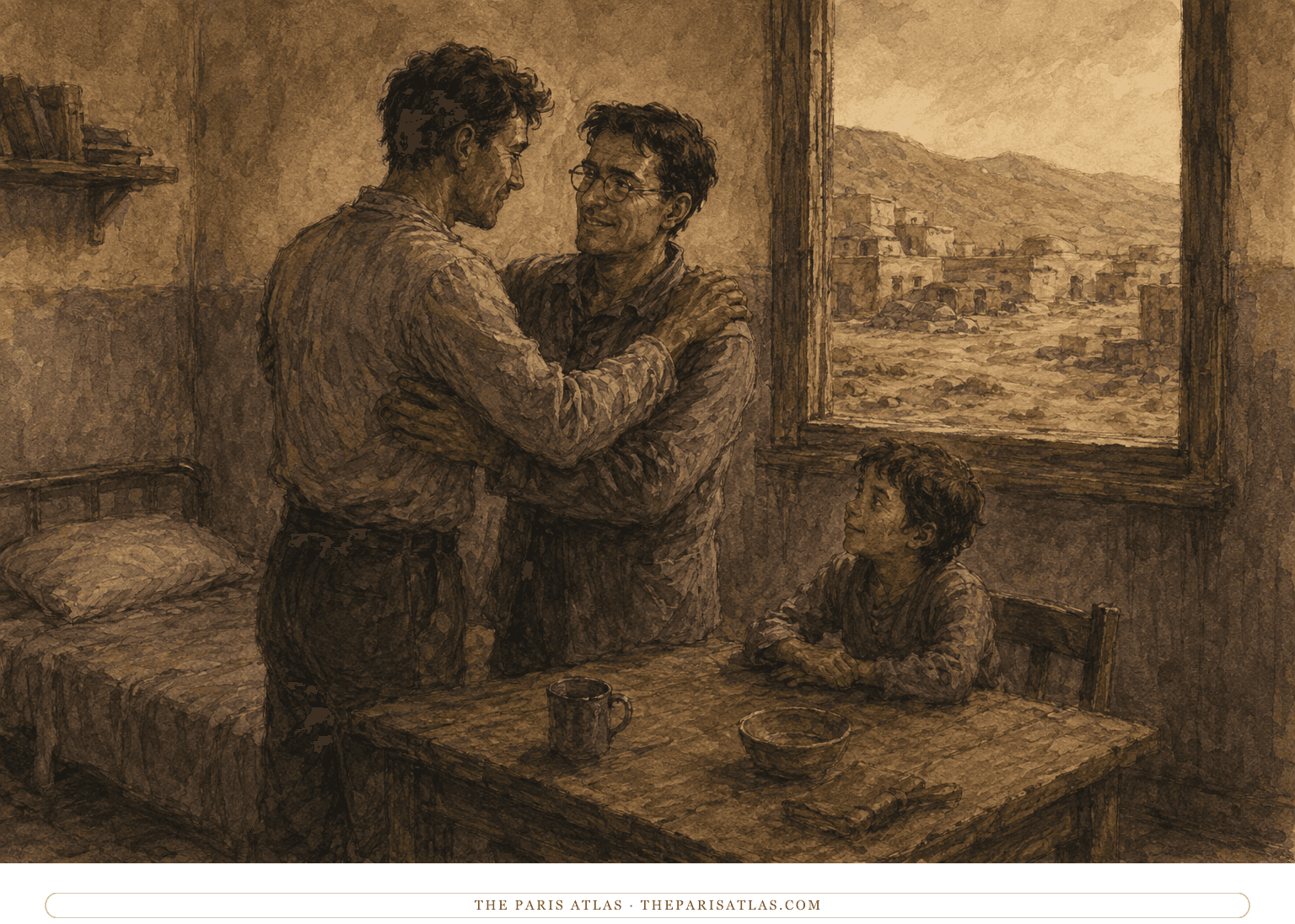 Shevek and Takver reunite with their family in a sparse room on Anarres