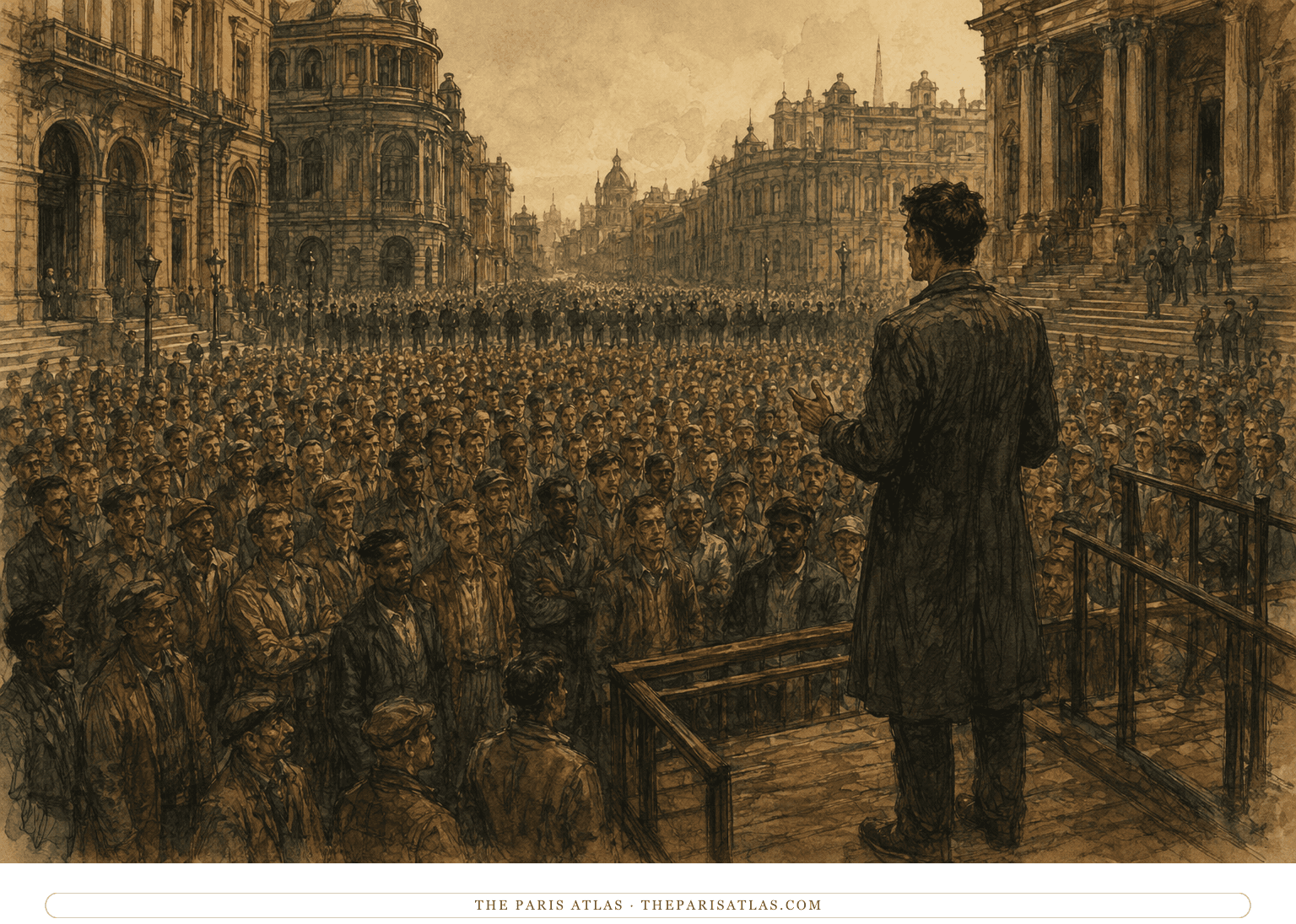 Shevek addresses a workers' demonstration in the Urrasti city of Nio Esseia