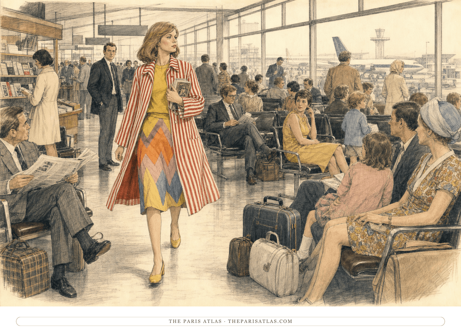 Pen-and-graphite illustration of Lise walking through a crowded 1970 airport in her vivid patterned clothes while holding a paperback