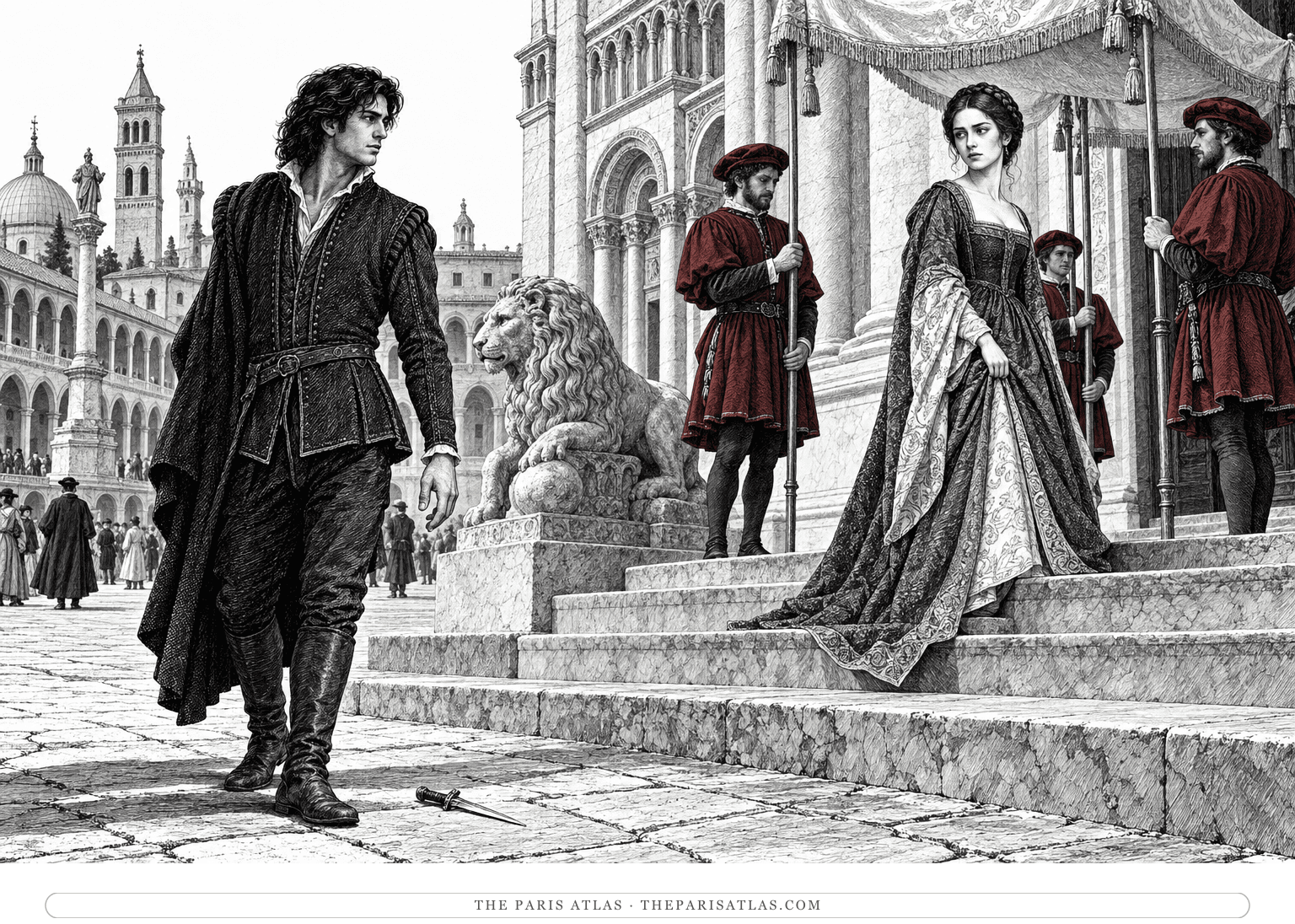 Guido looks toward Beatrice as she descends the cathedral steps beneath a canopy in Padua.