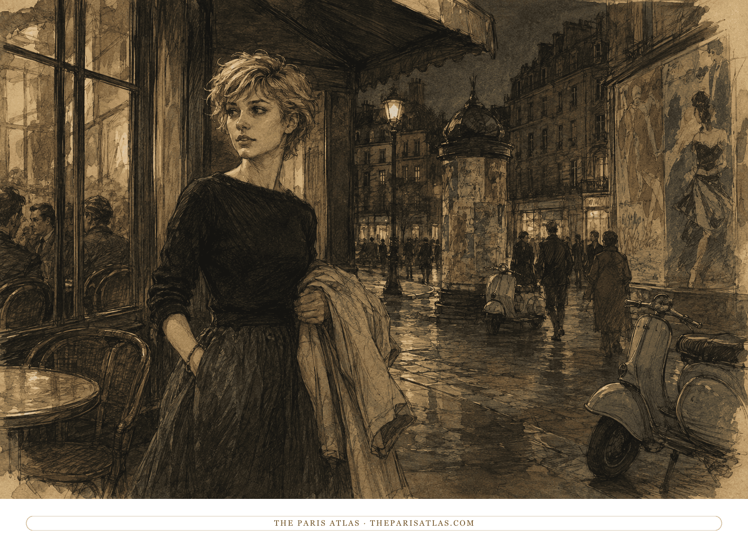 Pink-haired Sally Jay stands outside a Left Bank café at night in 1950s Paris