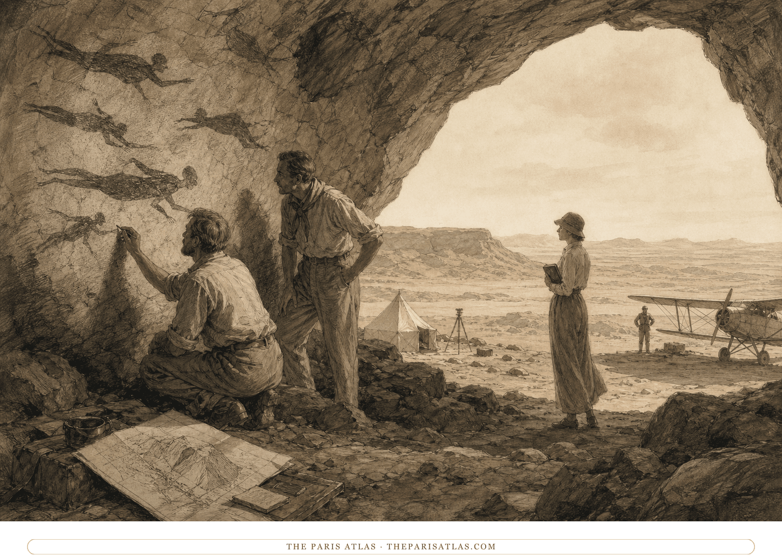 Pen-and-graphite illustration of 1930s explorers documenting ancient swimmer figures inside a desert cave with tents and a biplane outside
