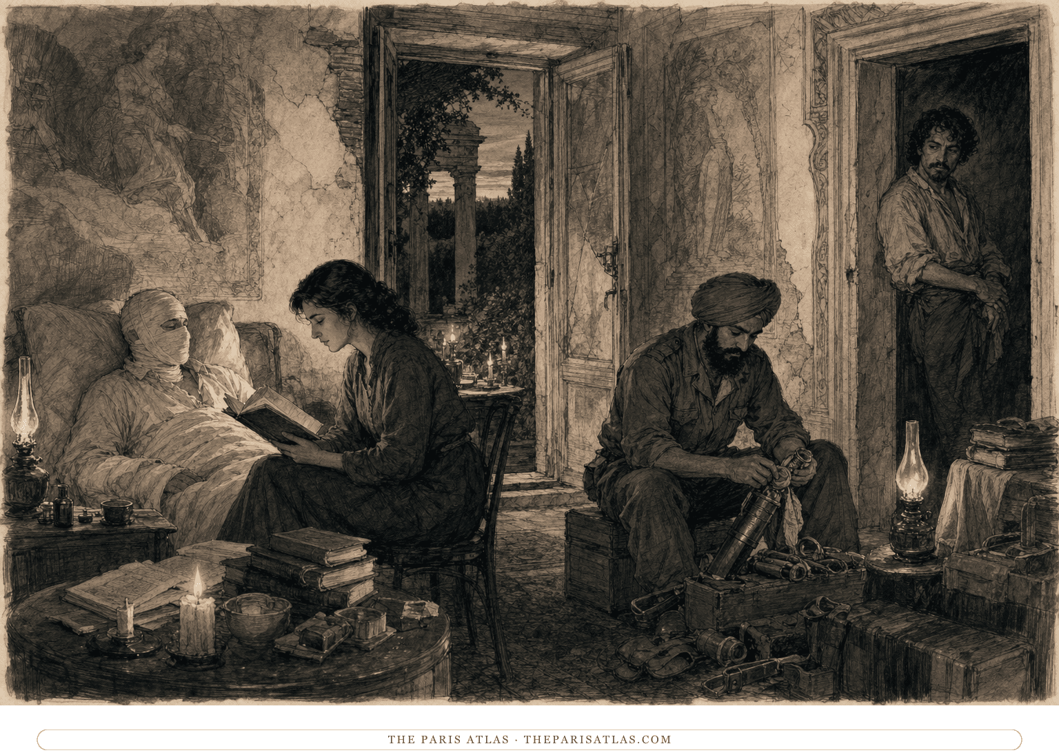 Pen-and-graphite illustration of Hana reading beside the bandaged patient while Kip tends tools and Caravaggio watches from a doorway in a damaged Italian villa