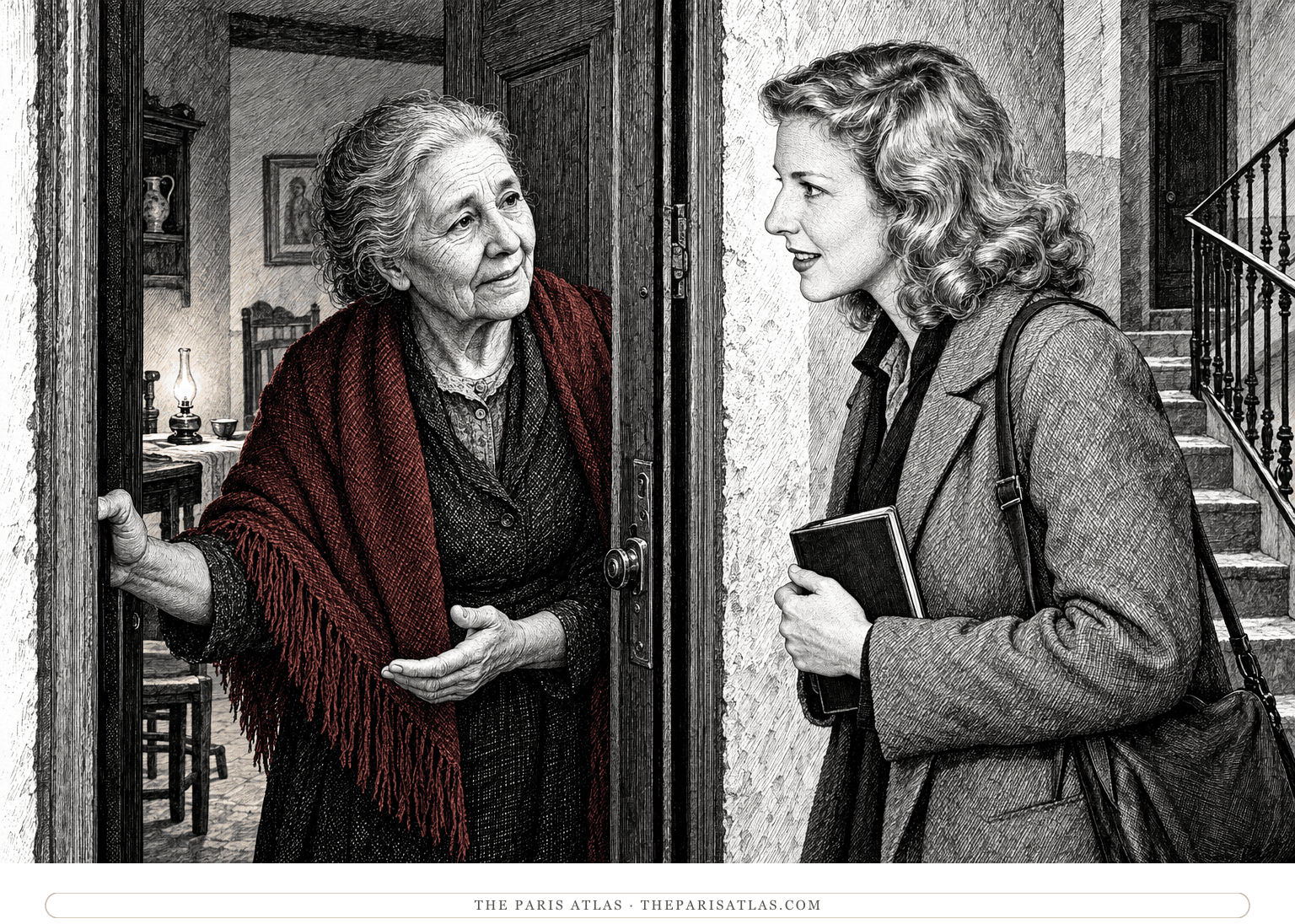 Mrs. Hernandez welcomes Martha Gellhorn at the doorway of a modest Barcelona home.