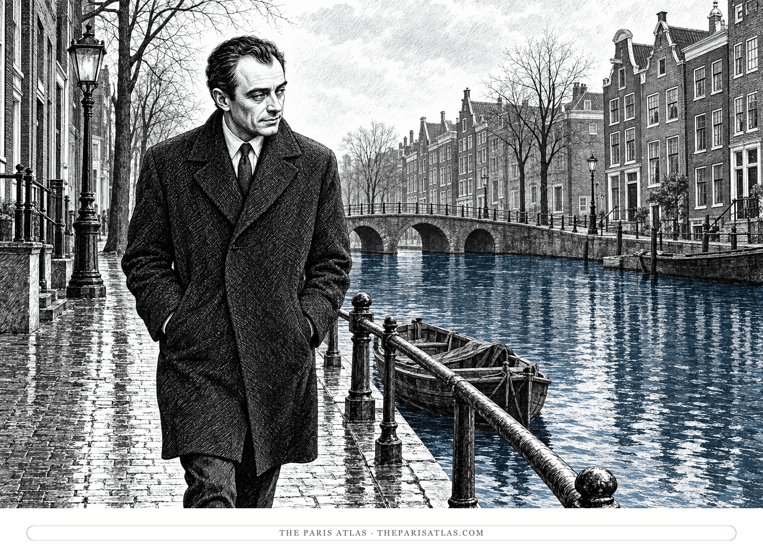 Clamence walks alone beside an Amsterdam canal beneath a pale overcast sky.