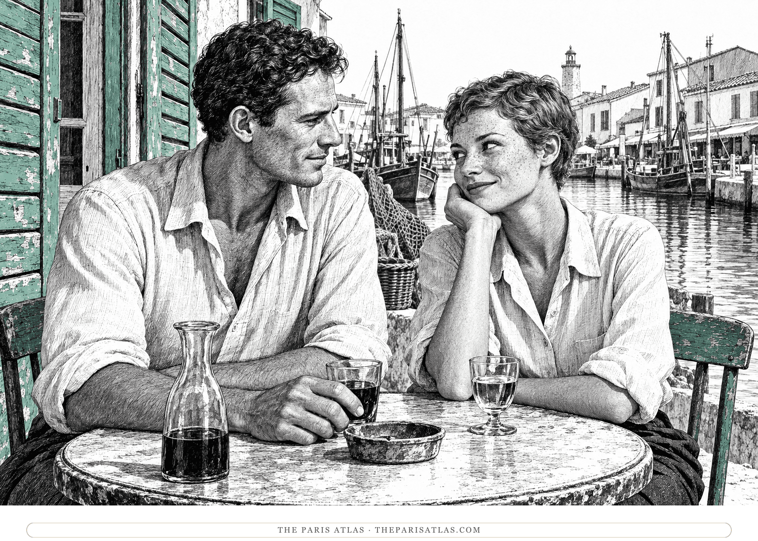 Ink illustration of Catherine and David Bourne with short haircuts at a Mediterranean café, with muted sea-green shutters.