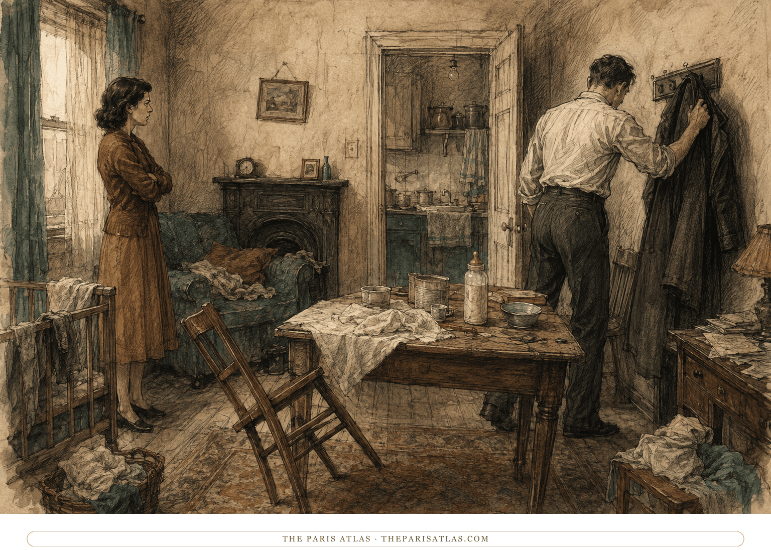 A cramped postwar room after an argument, with Marion standing rigidly near baby things as Sebastian reaches for his coat