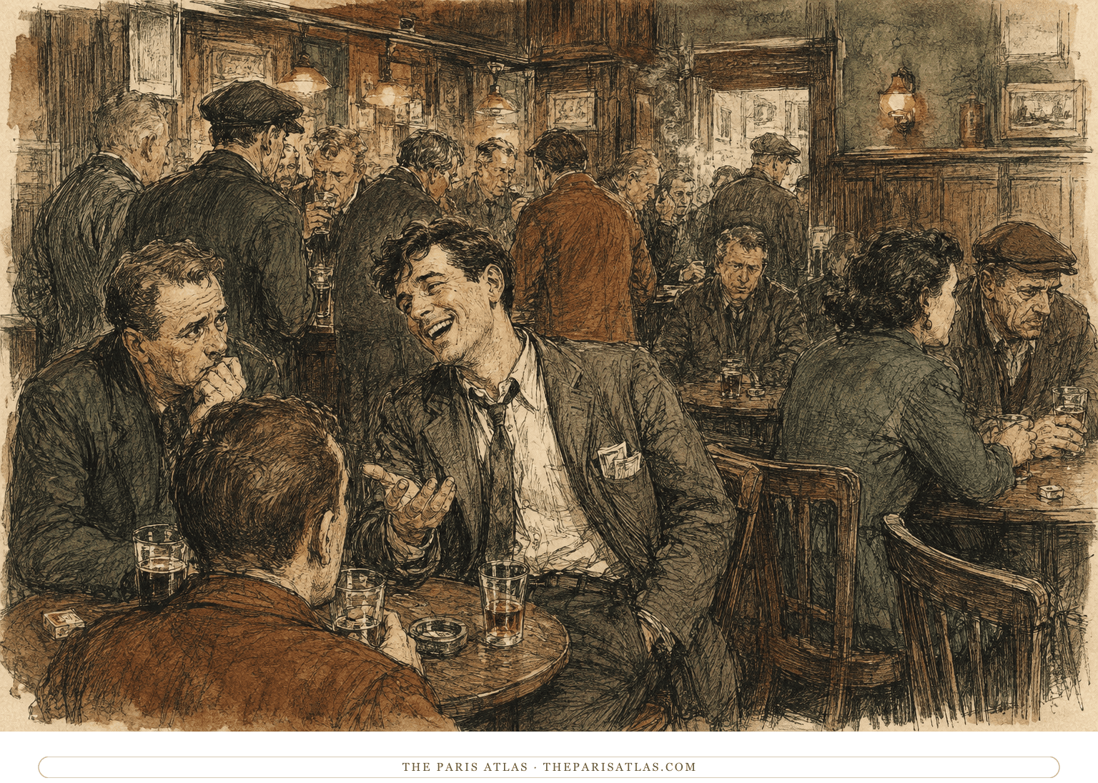 Sebastian Dangerfield laughs at a crowded postwar Dublin pub table while a worried companion watches