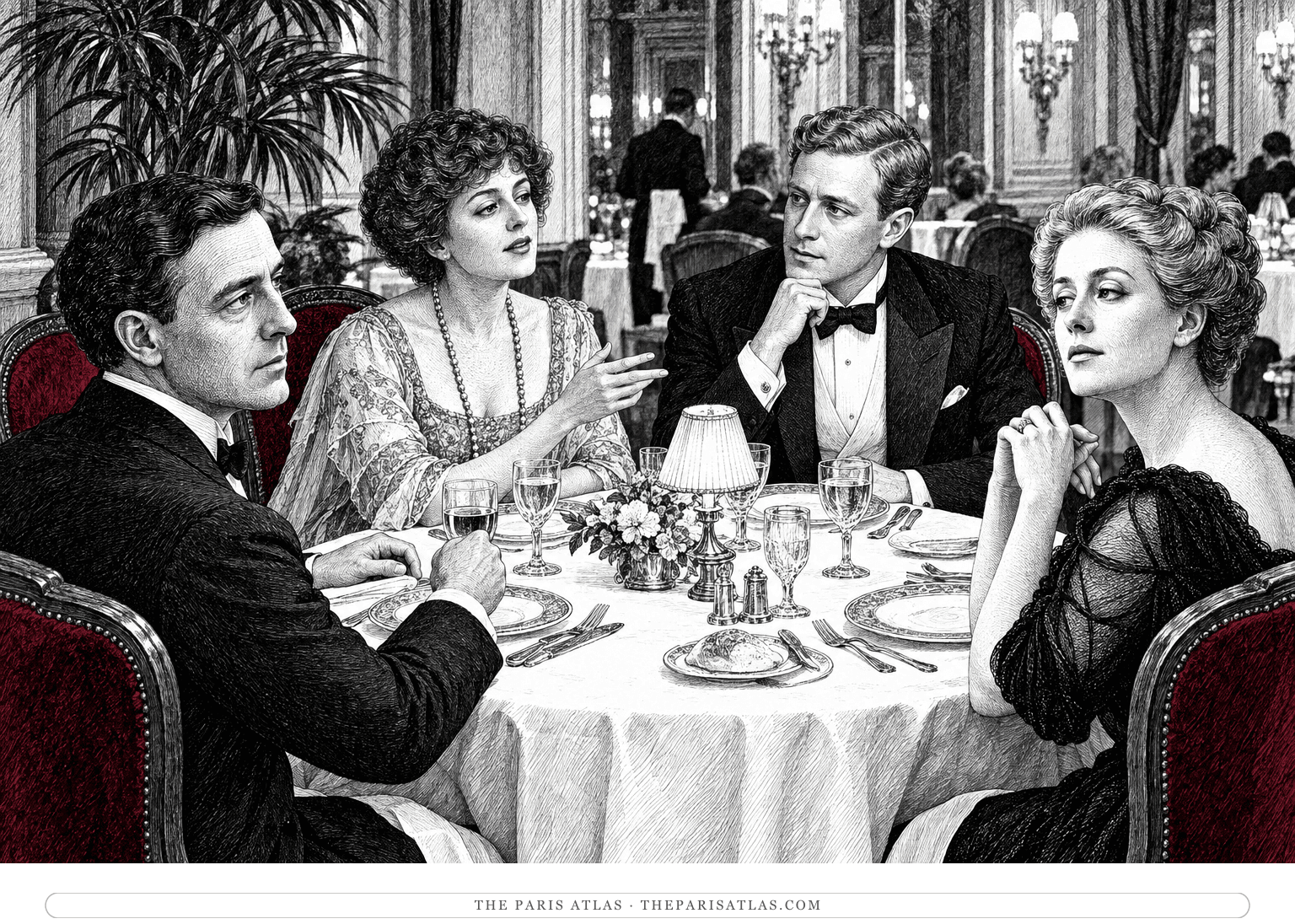 Ink illustration of John and Florence Dowell dining with Edward and Leonora Ashburnham at a round spa-hotel table, with burgundy chair upholstery.