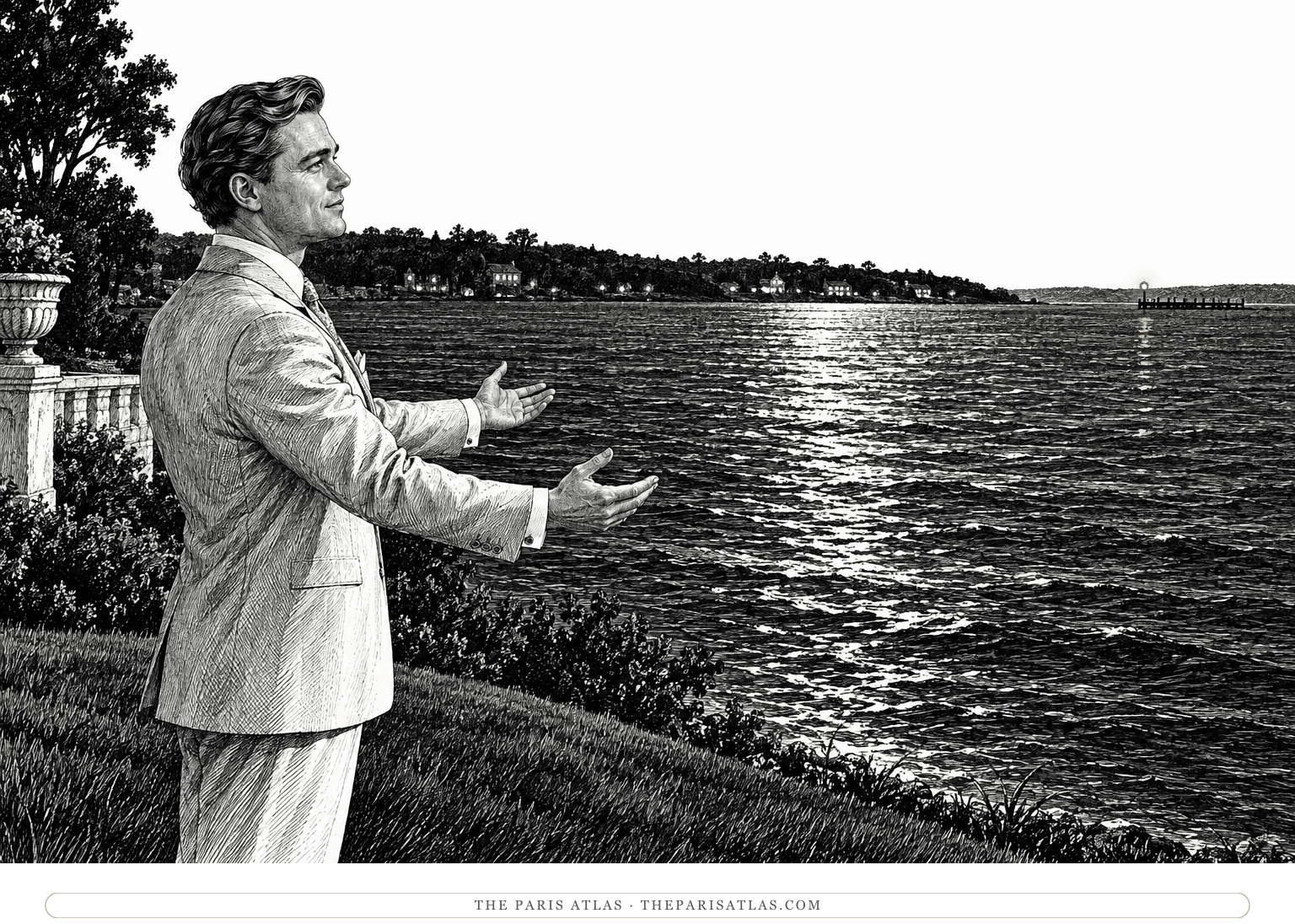 Ink illustration of Jay Gatsby reaching toward a small green light across the bay, with a faint green reflection on the water.