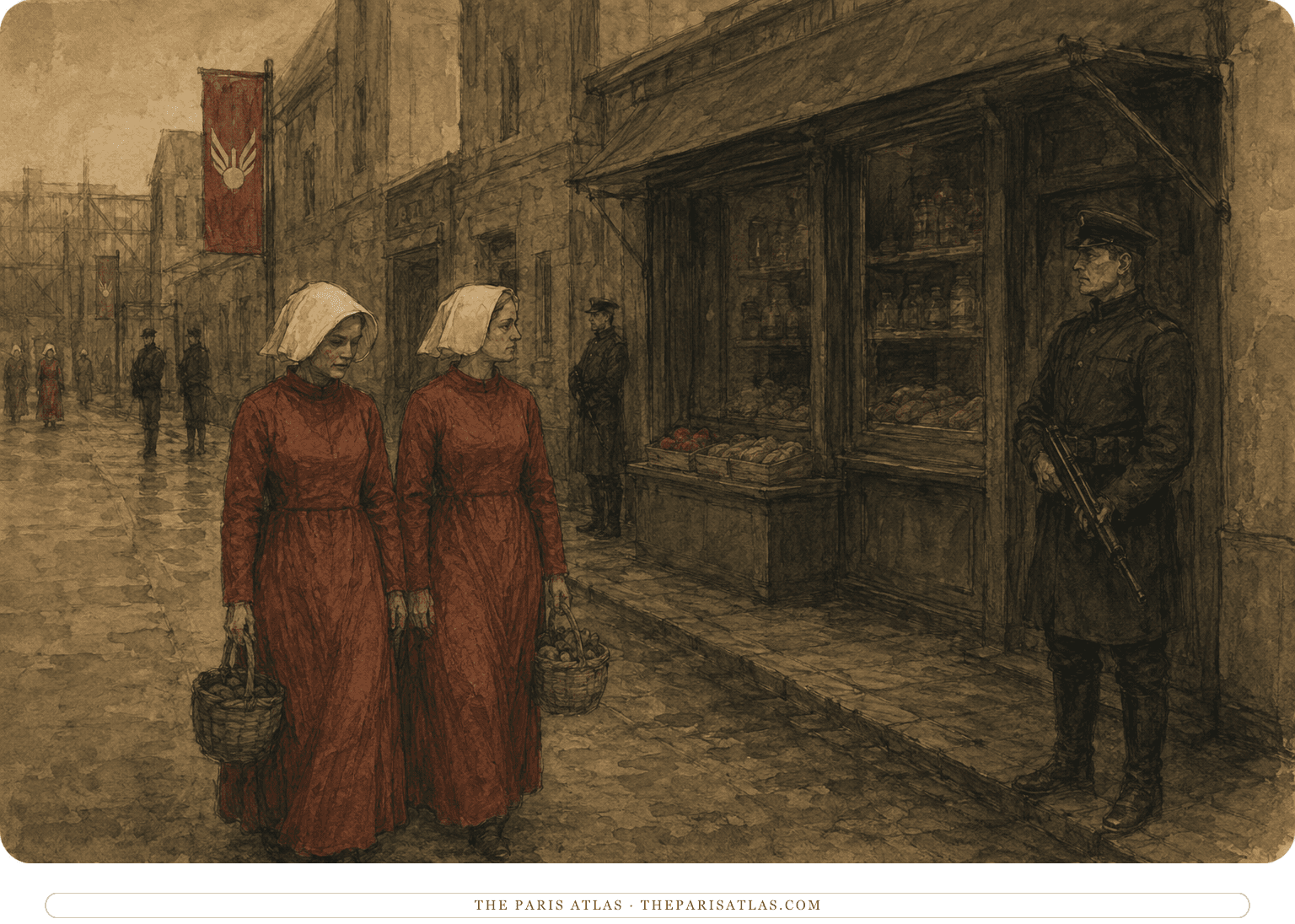 Two Handmaids in red walk together past guarded shops in Gilead