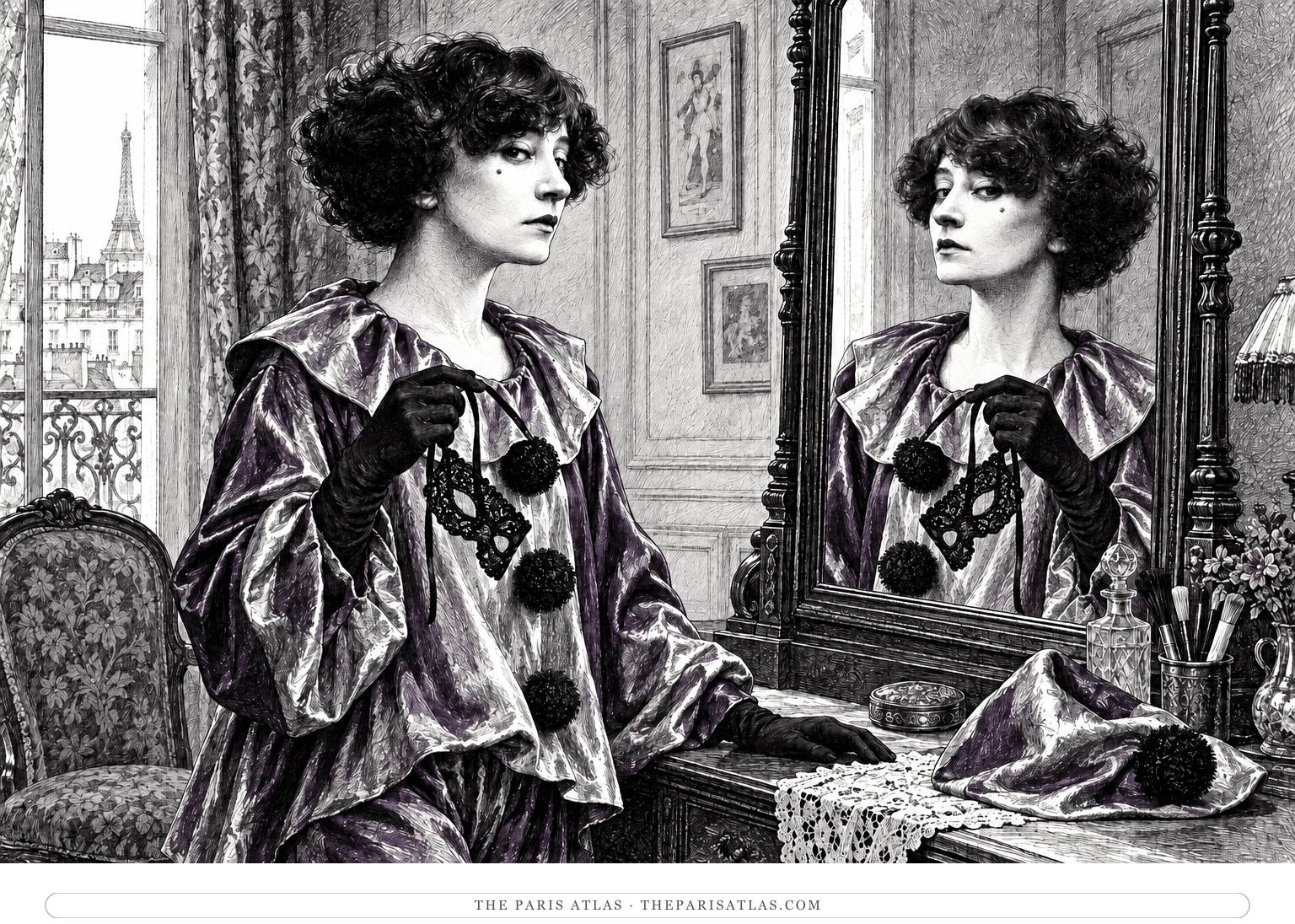 Ink illustration of a Colette-faced woman holding a black lace mask before a mirror, wearing a dark violet and silver Pierrot costume.
