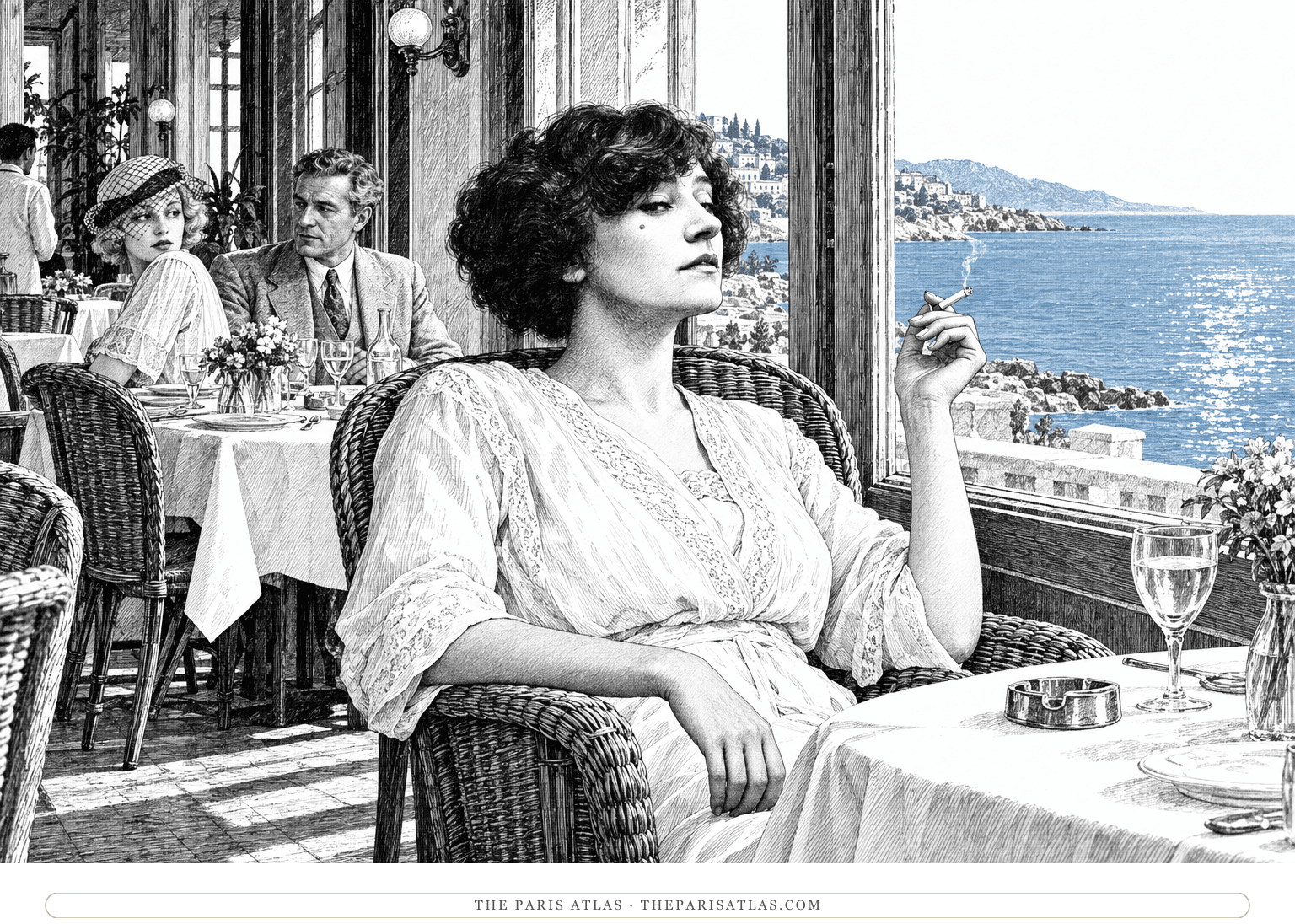 Ink illustration of a Colette-faced woman relaxing alone beside a seaside restaurant window while a couple watches from another table, with pale blue sea beyond.