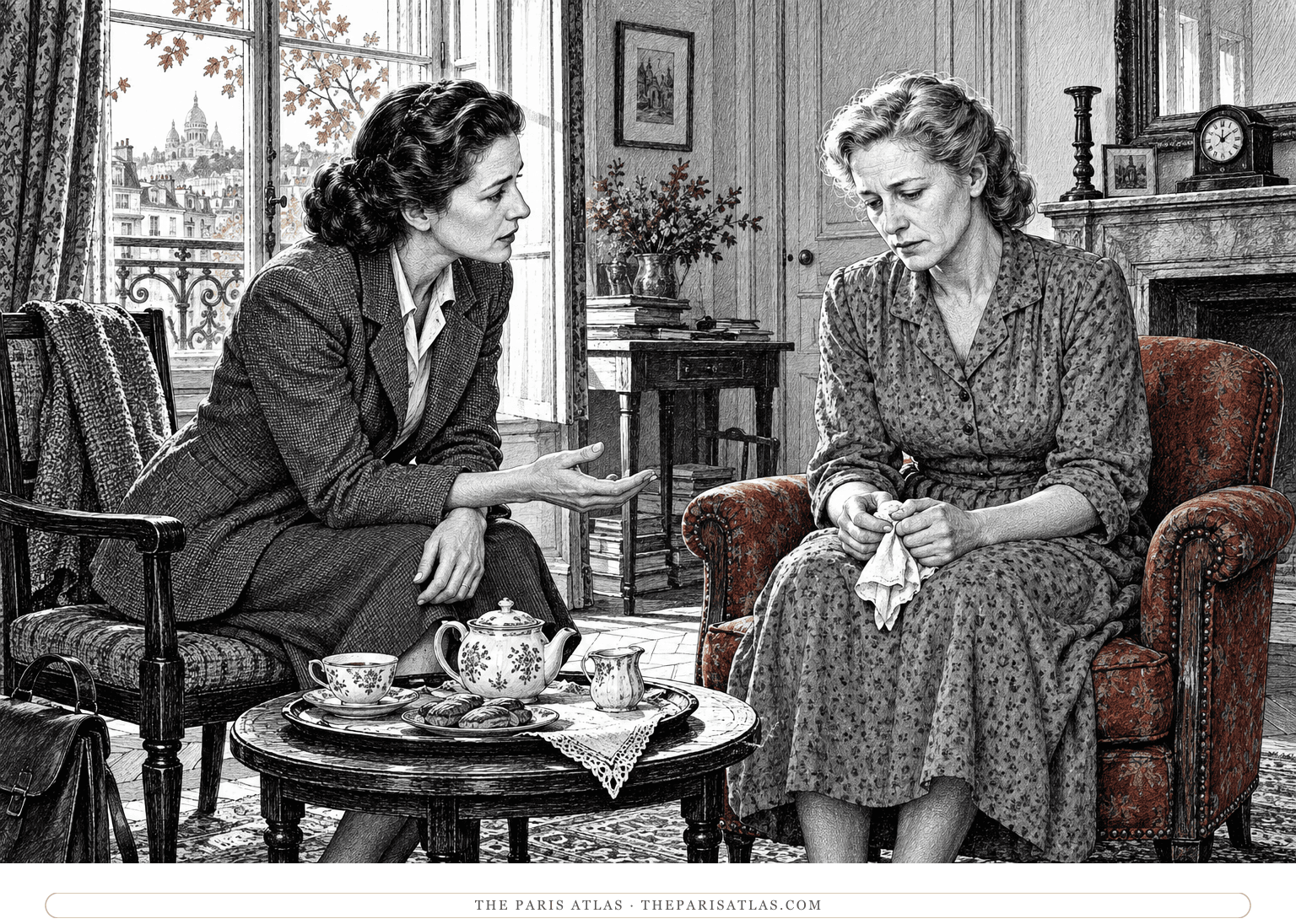 Anne Marsh sits beside Evangeline in a quiet postwar Paris room, struggling to offer comfort.