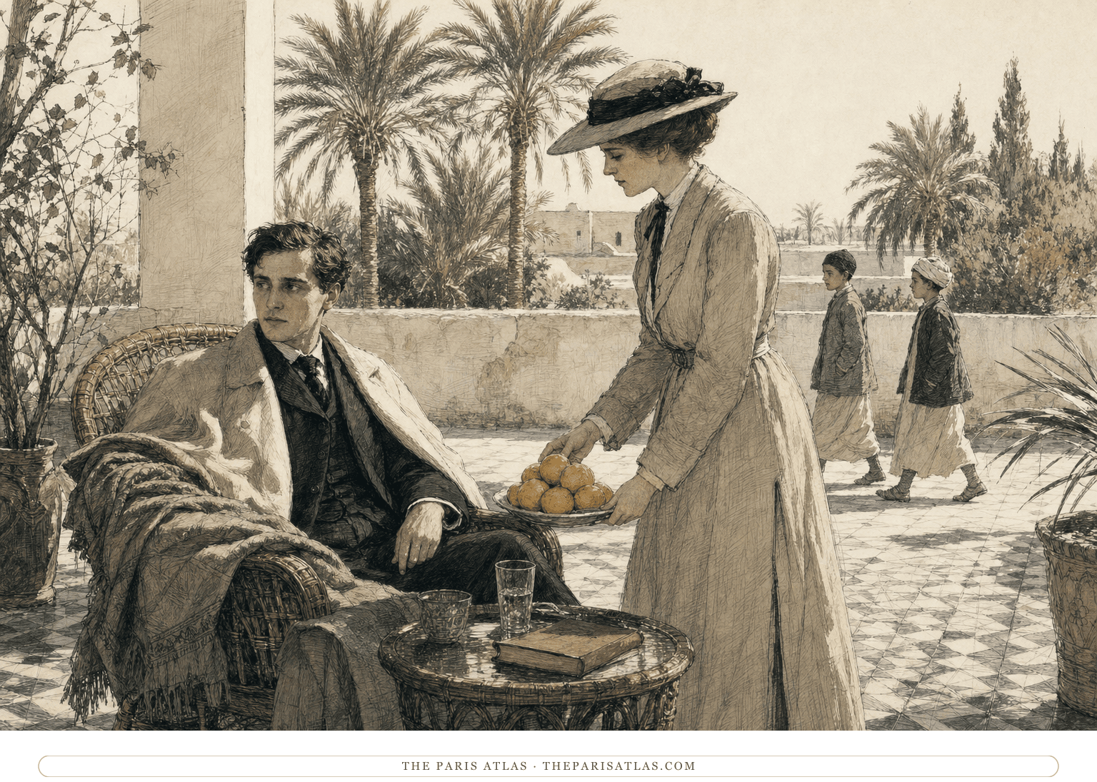Pen-and-ink illustration of a pale young man resting in a wicker chair on a tiled Biskra terrace while a woman in a broad hat sets down a plate of oranges and two schoolboys walk past palms in the background