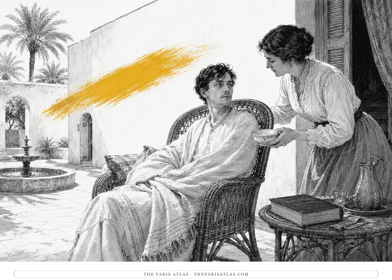 Marceline tends a convalescing Michel in a Biskra courtyard beneath a shallow saffron brushstroke.
