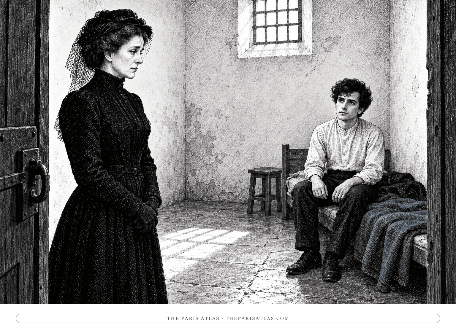 The Grand Duchess, dressed in mourning, speaks to Ivan Kaliayev across a spare prison cell.