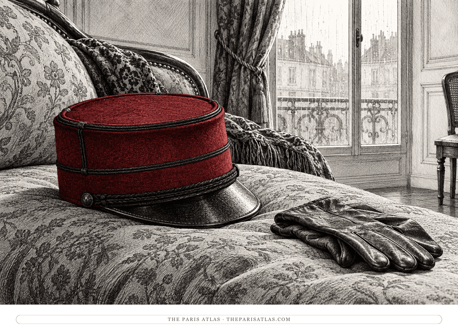 A French military kepi and a pair of gloves rest on an upholstered divan beside a rain-streaked window.