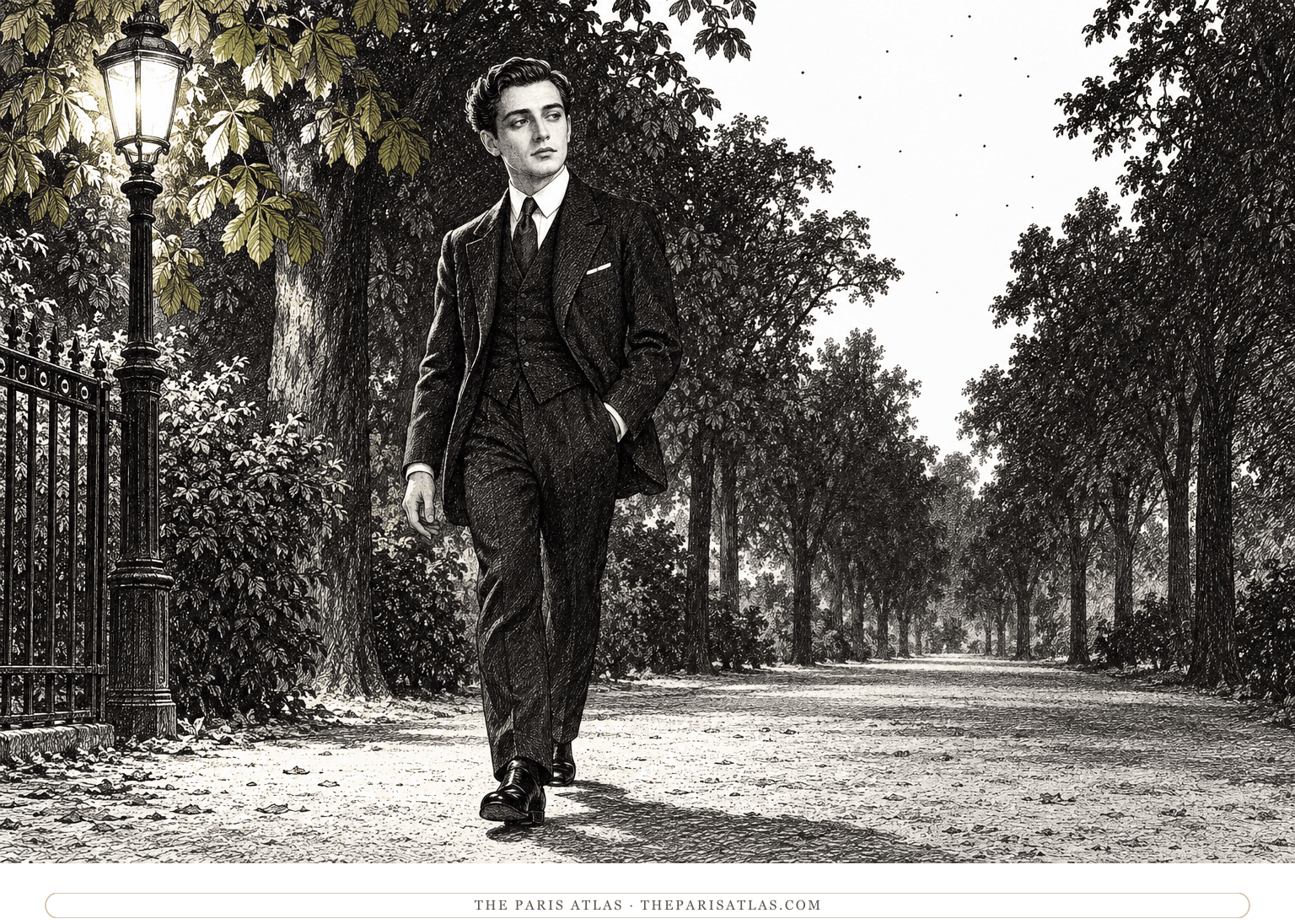 Chéri walks alone beneath trees at night, his pale shirtfront and face emerging from the shadows.